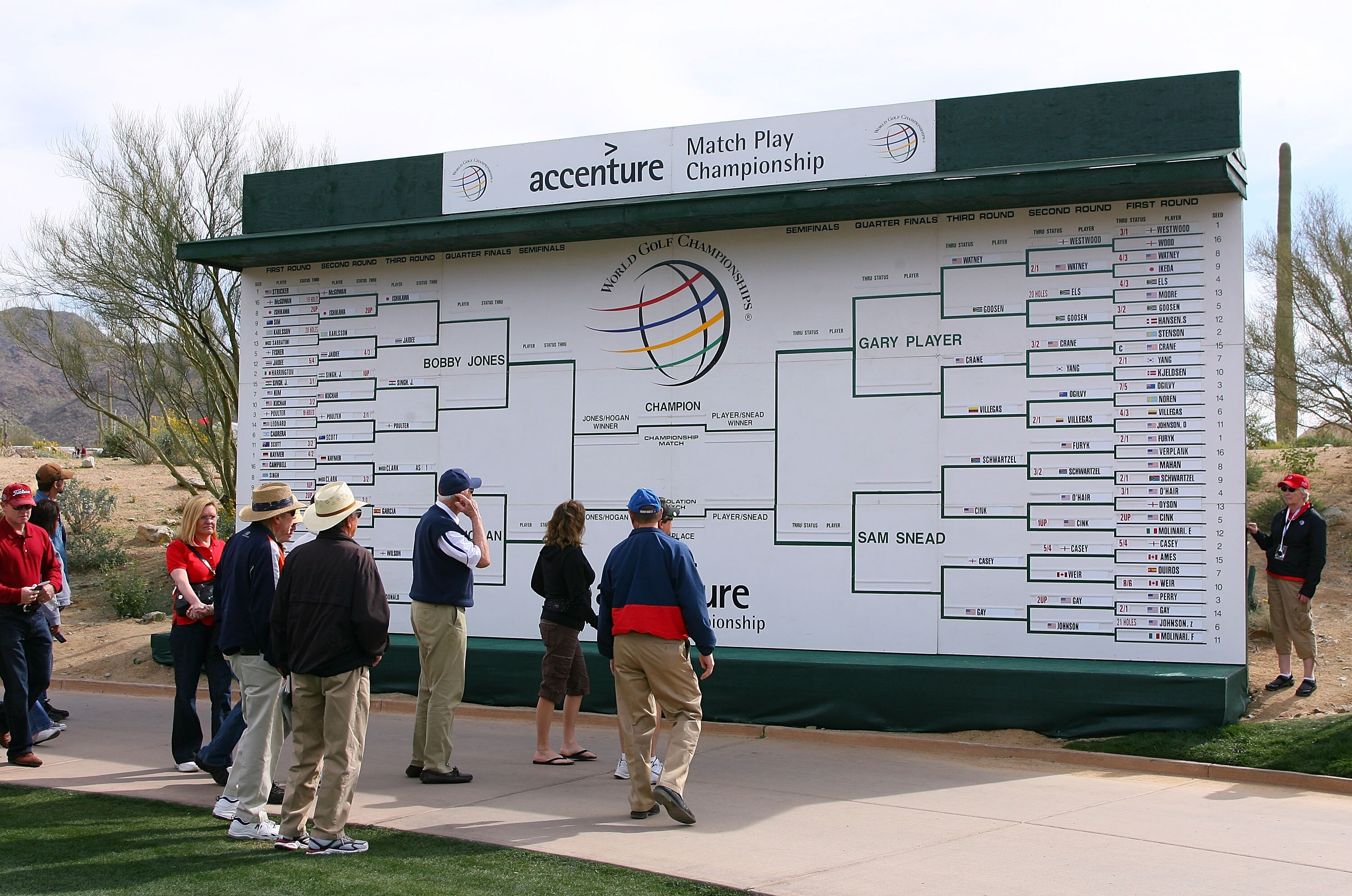 MARANA, AZ - FEBRUARY 19:  Spectators look at the tournament scoreboard brackets during round three of the Accenture Match Play Championship at the Ritz-Carlton Golf Club on February 19, 2010 in Marana, Arizona.  (Photo by Hunter Martin/Getty Images)