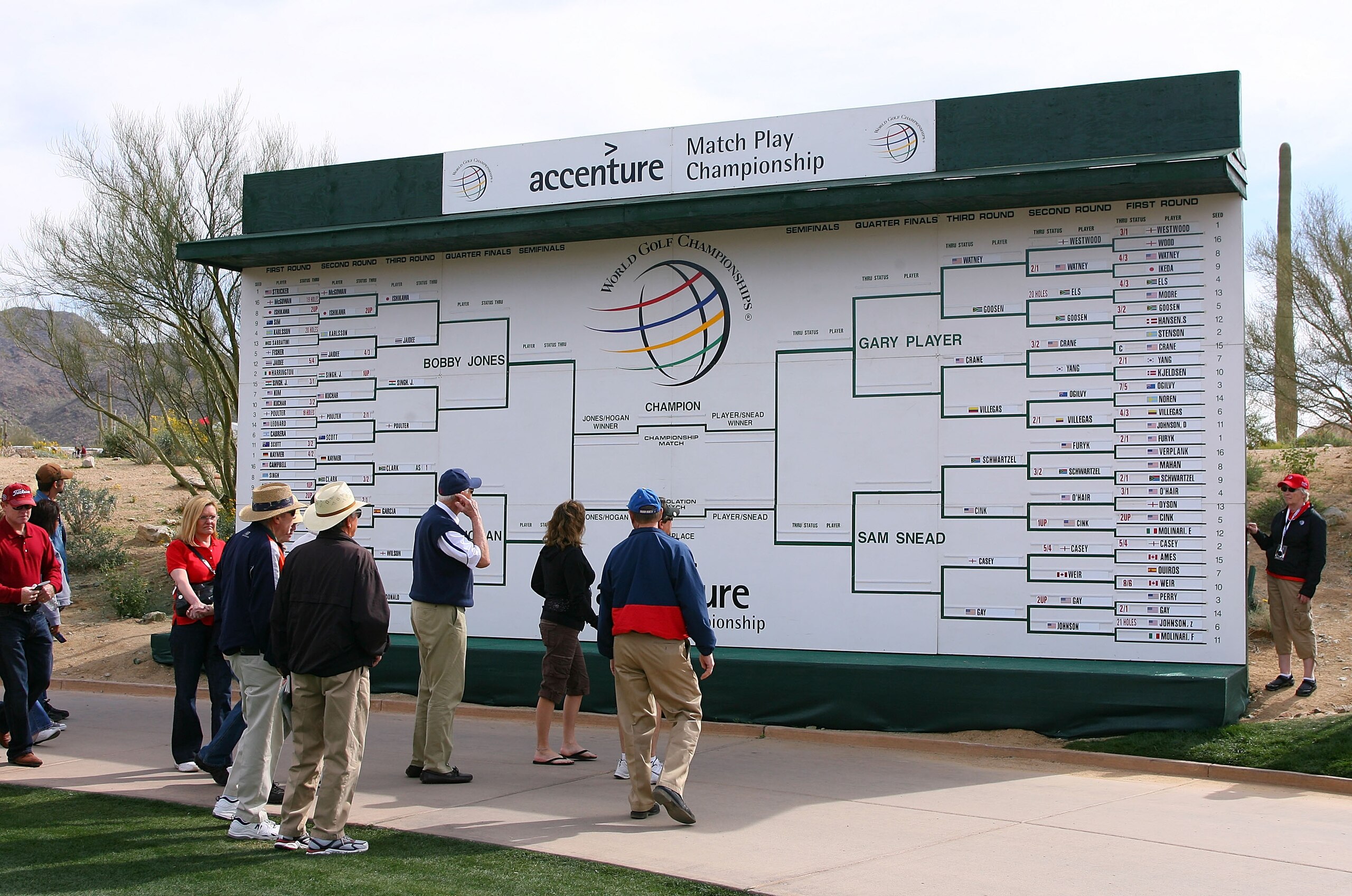 MARANA, AZ - FEBRUARY 19:  Spectators look at the tournament scoreboard brackets during round three of the Accenture Match Play Championship at the Ritz-Carlton Golf Club on February 19, 2010 in Marana, Arizona.  (Photo by Hunter Martin/Getty Images)
