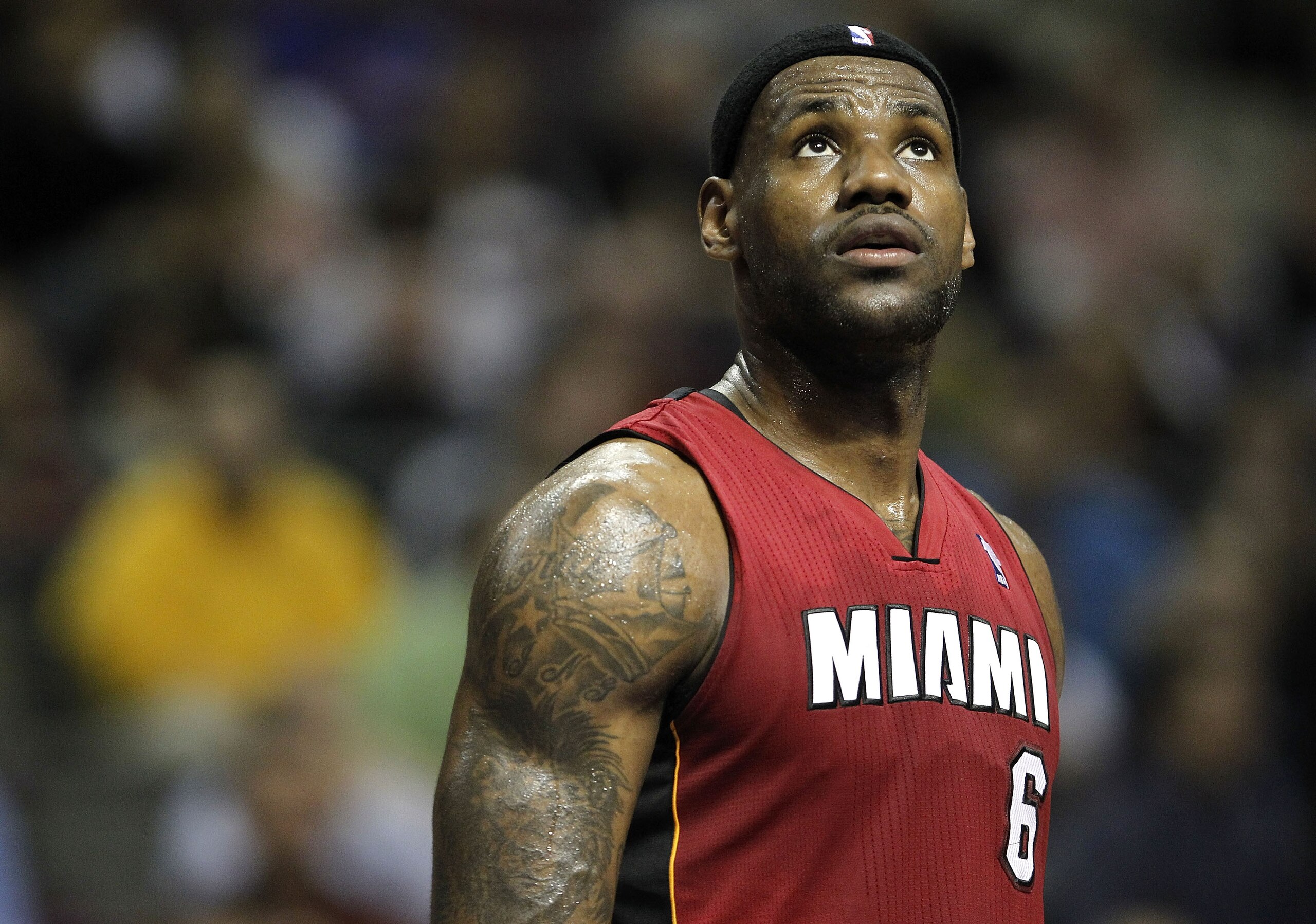 AUBURN HILLS, MI - FEBRUARY 11:  LeBron James #6 of the Miami Heat looks on while playing the Detroit Pistons at The Palace of Auburn Hills on February 11, 2011 in Auburn Hills, Michigan. Miami won the game 106-92. NOTE TO USER: User expressly acknowledge