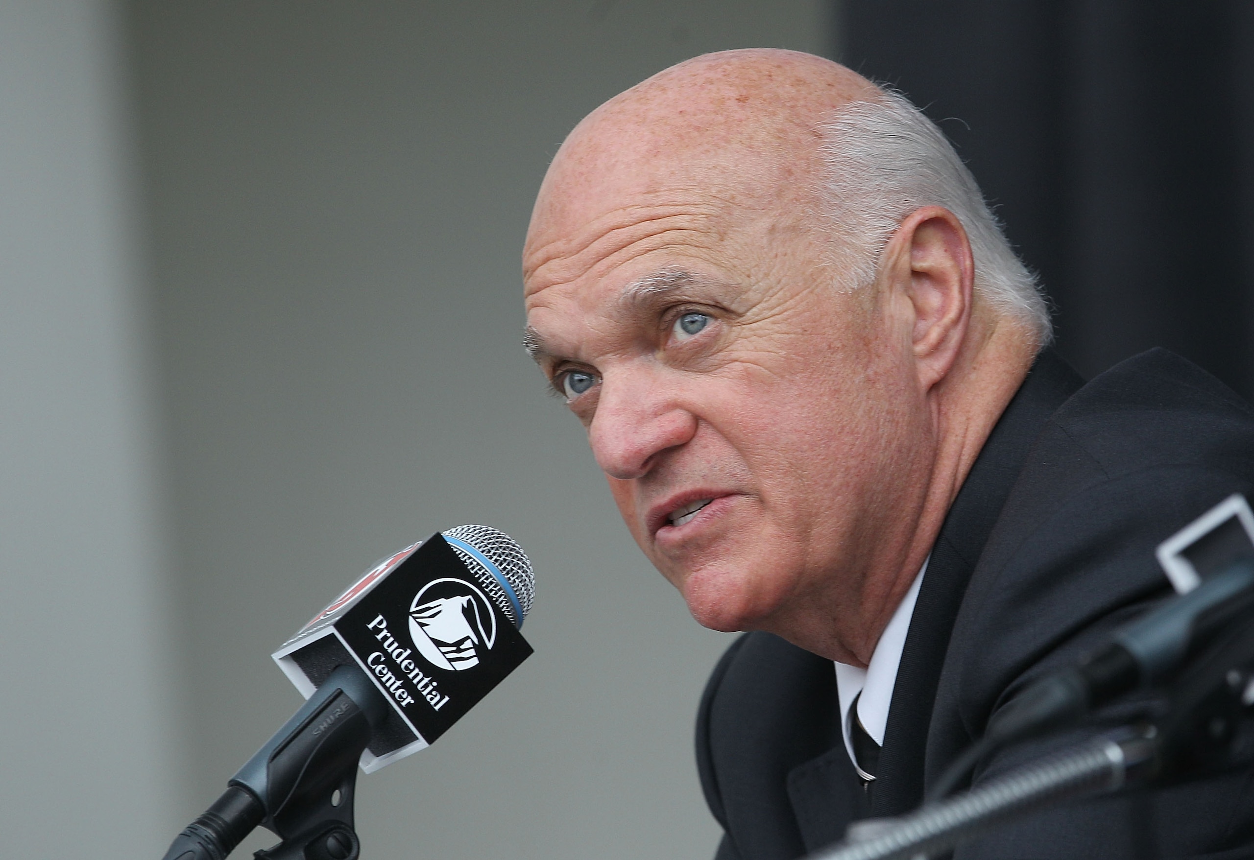 NEWARK, NJ - JULY 20: General Manager Lou Lamoriello of the New Jersey Devils speaks with the media during a press conference regarding Ilya Kovalchuk's contract renewal at the Prudential Center on July 20, 2010 in Newark, New Jersey. (Photo by Bruce Benn