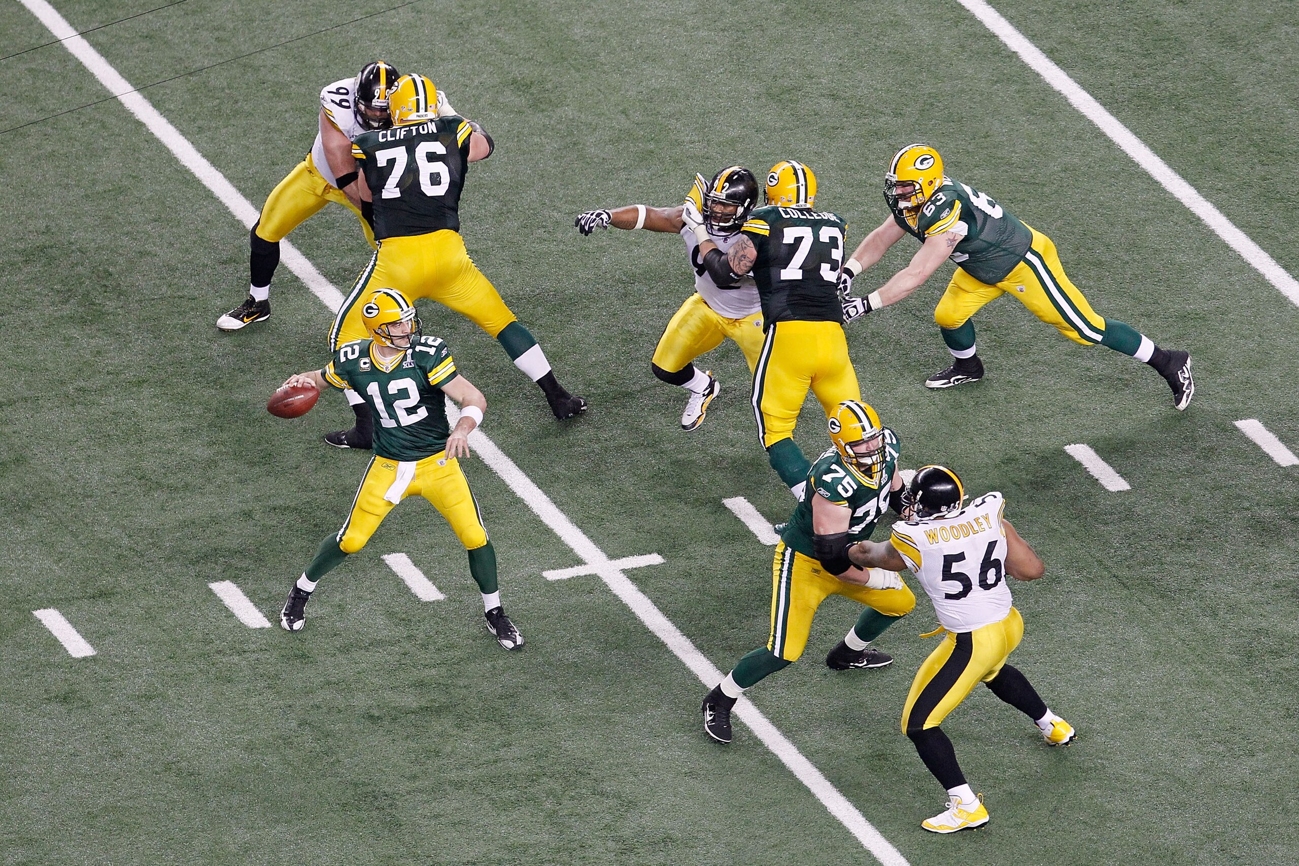 ARLINGTON, TX - FEBRUARY 06: Aaron Rodgers #12 of the Green Bay Packers drops back to pass against the Pittsburgh Steelers during Super Bowl XLV at Cowboys Stadium on February 6, 2011 in Arlington, Texas. (Photo by Tom Pennington/Getty Images) ARLINGTON, TX - FEBRUARY 06: Aaron Rodgers #12 of the Green Bay Packers drops back to pass against the Pittsburgh Steelers during Super Bowl XLV at Cowboys Stadium on February 6, 2011 in Arlington, Texas. (Photo by Tom Pennington/Getty Images)