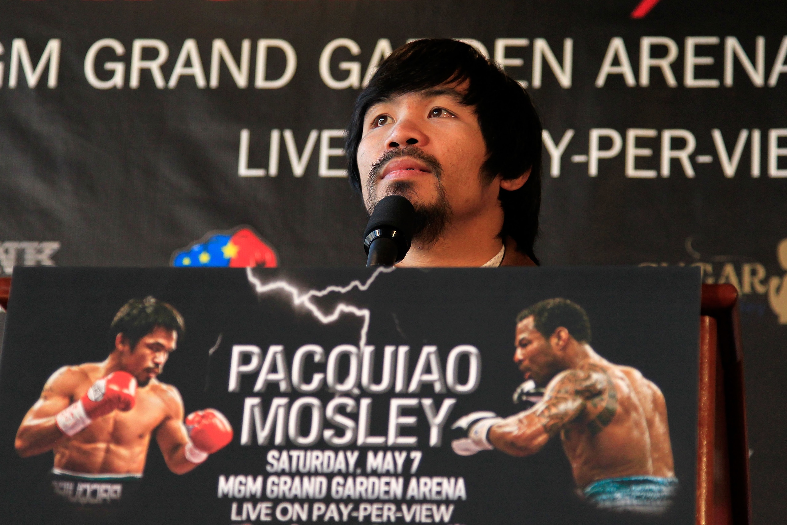NEW YORK, NY - FEBRUARY 14:  Manny Pacquiao addresses the media at a press conference to promote his upcoming fight with Shane Mosley at The Lighthouse at Chelsea Piers on February 14, 2011 in New York City.  (Photo by Chris Trotman/Getty Images)