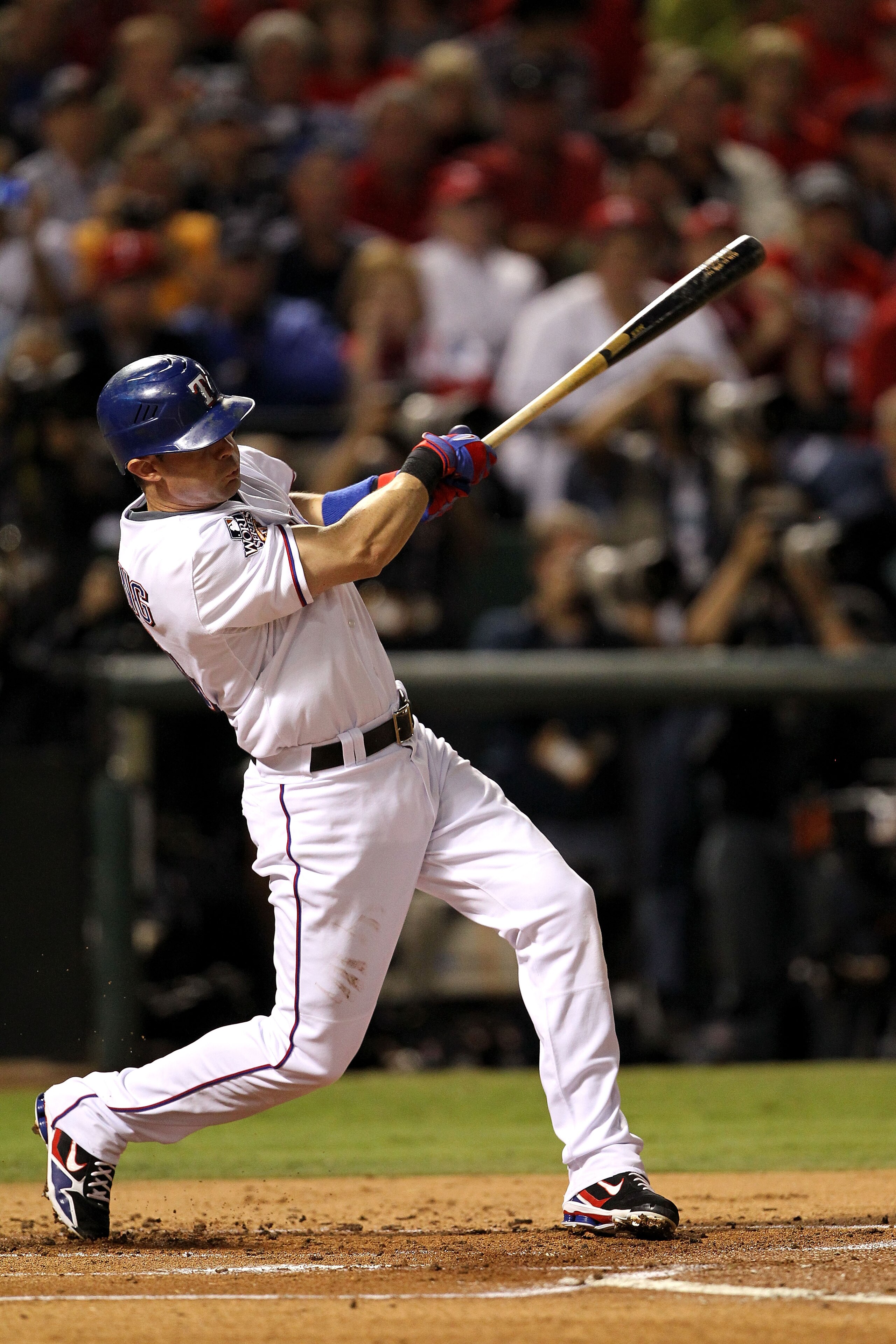 ARLINGTON, TX - NOVEMBER 01: Michael Young #10 of the Texas Rangers bats against the San Francisco Giants in Game Five of the 2010 MLB World Series at Rangers Ballpark in Arlington on November 1, 2010 in Arlington, Texas. The Giants won 3-1. (Photo by R ARLINGTON, TX - NOVEMBER 01: Michael Young #10 of the Texas Rangers bats against the San Francisco Giants in Game Five of the 2010 MLB World Series at Rangers Ballpark in Arlington on November 1, 2010 in Arlington, Texas. The Giants won 3-1. (Photo by R