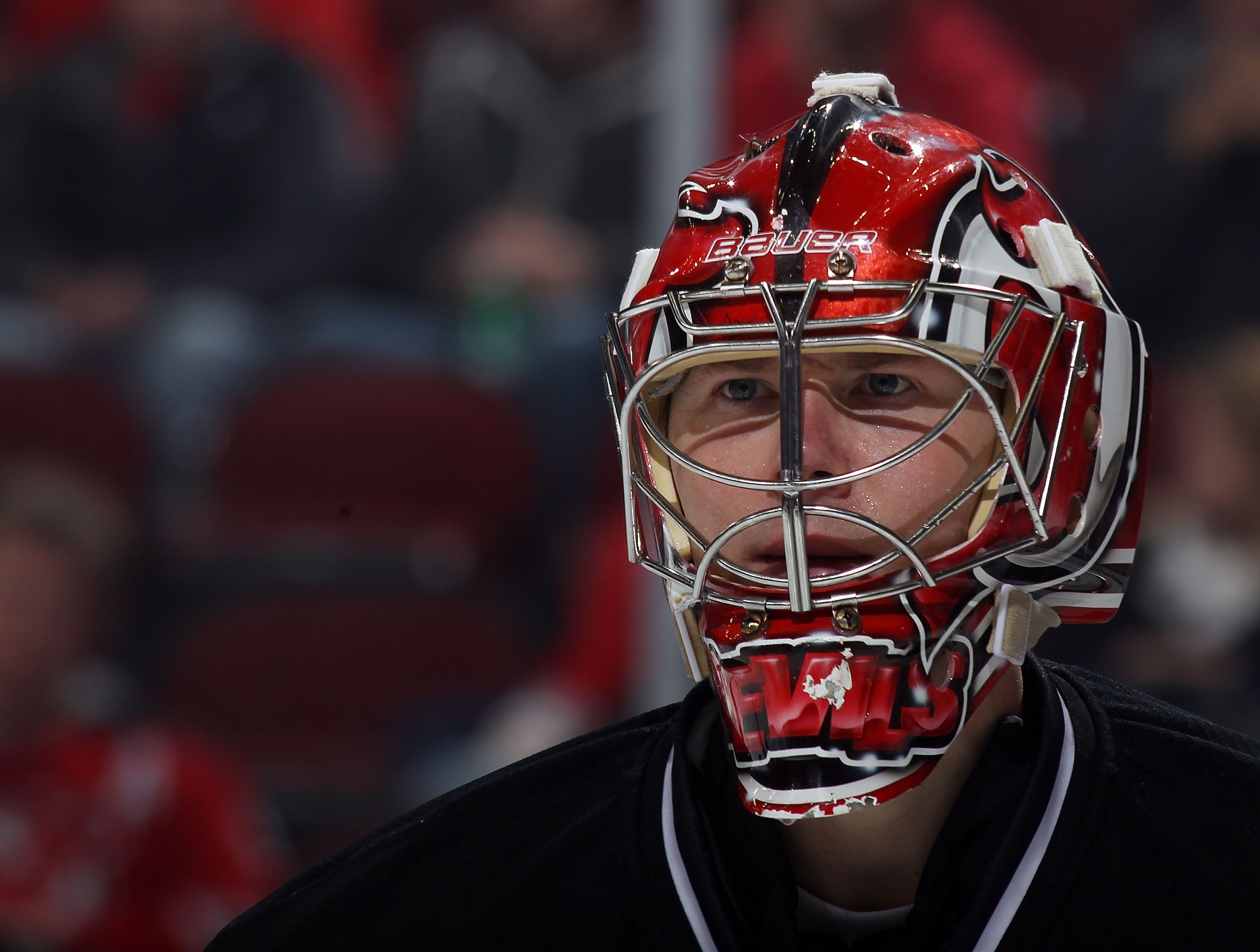 NEWARK, NJ - JANUARY 04: Johan Hedberg #1 of the New Jersey Devils tends net against the Minnesota Wild at the Prudential Center on January 4, 2011 in Newark, New Jersey. The Wild defeated the Devils 2-1. (Photo by Bruce Bennett/Getty Images)