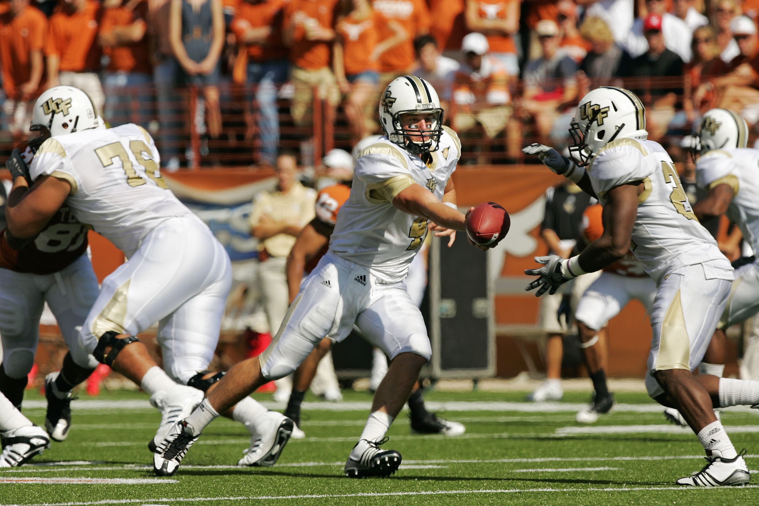 AUSTIN, TX - NOVEMBER 07: Quarterback Rob Calabrese #4 of the UCF Knights runs a play against the Texas Longhorns on November 7, 2009 at Darrell K Royal - Texas Memorial Stadium in Austin, Texas. Texas won 35-3. (Photo by Brian Bahr/Getty Images) AUSTIN, TX - NOVEMBER 07: Quarterback Rob Calabrese #4 of the UCF Knights runs a play against the Texas Longhorns on November 7, 2009 at Darrell K Royal - Texas Memorial Stadium in Austin, Texas. Texas won 35-3. (Photo by Brian Bahr/Getty Images)