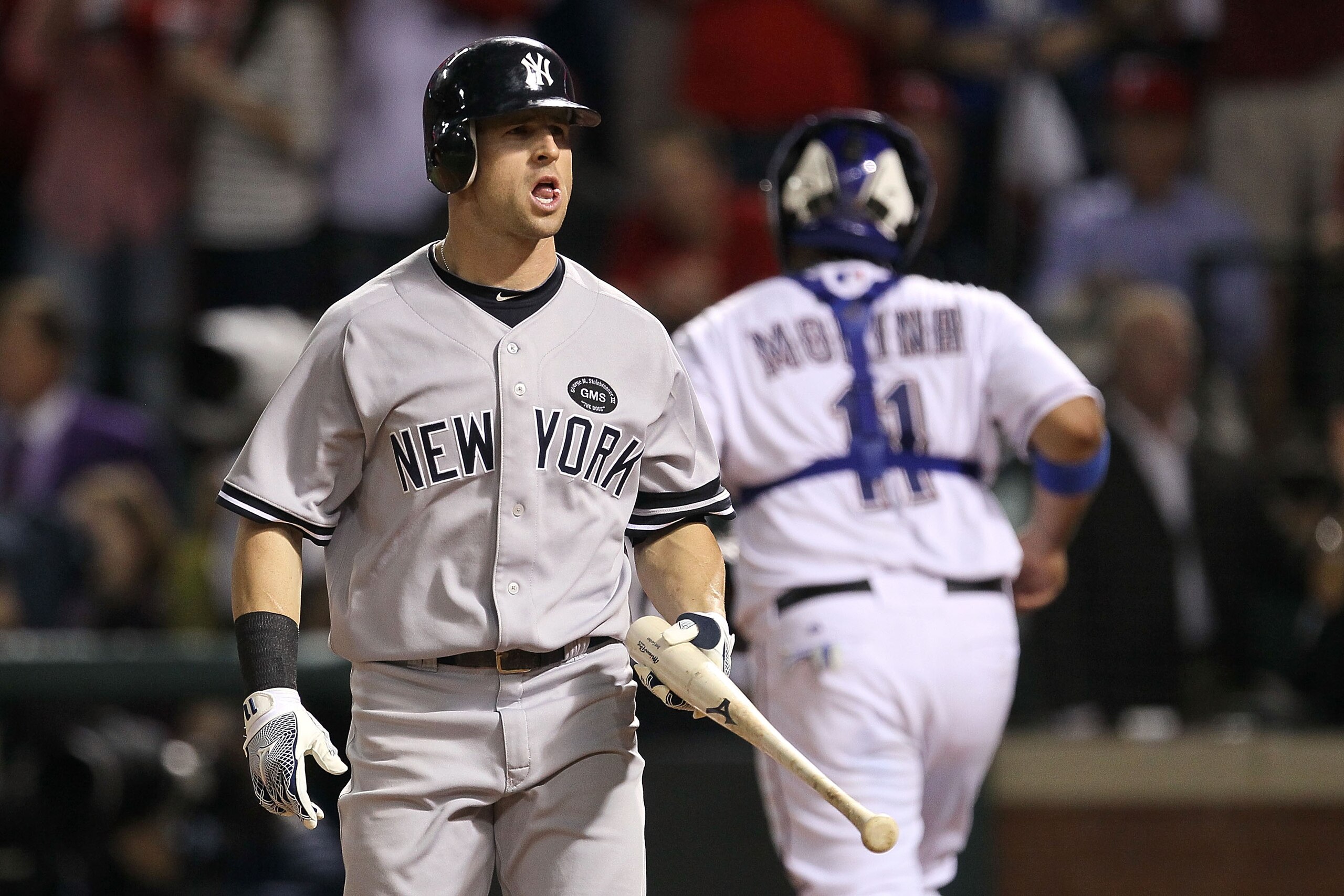 ARLINGTON, TX - OCTOBER 22:  Brett Gardner #11 of the New York Yankees reacts after striking out in the third inning of Game Six of the ALCS against the Texas Rangers during the 2010 MLB Playoffs at Rangers Ballpark in Arlington on October 22, 2010 in Arl