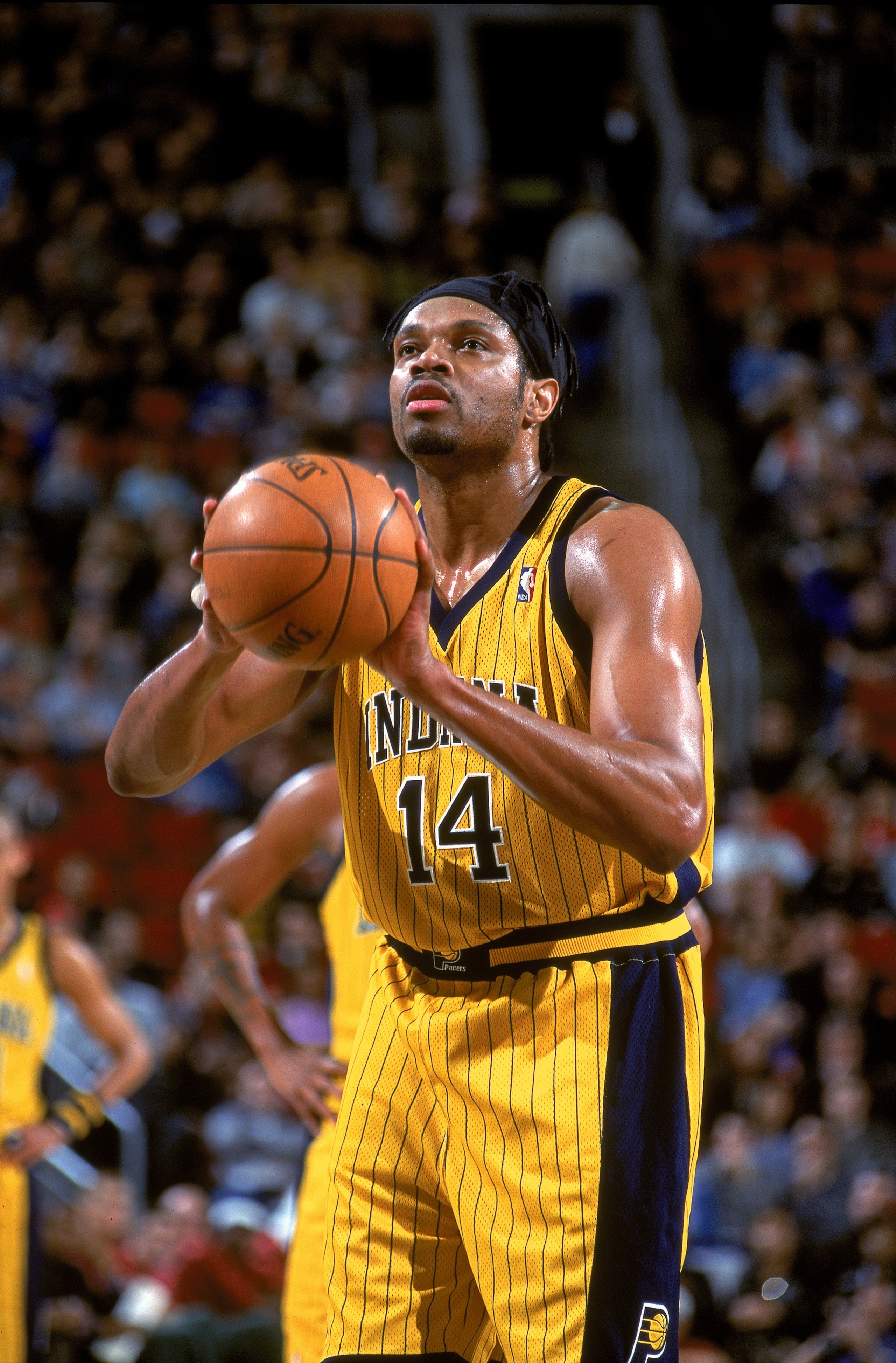 3 Jan 2001:  Sam Perkins #14 of the Indiana Pacers makes a free throw during the game against the Seattle SuperSonics at the Key Arena in Seattle, Washington.  The Pacers defeated the SuperSonics 91-83.   NOTE TO USER: It is expressly understood that the