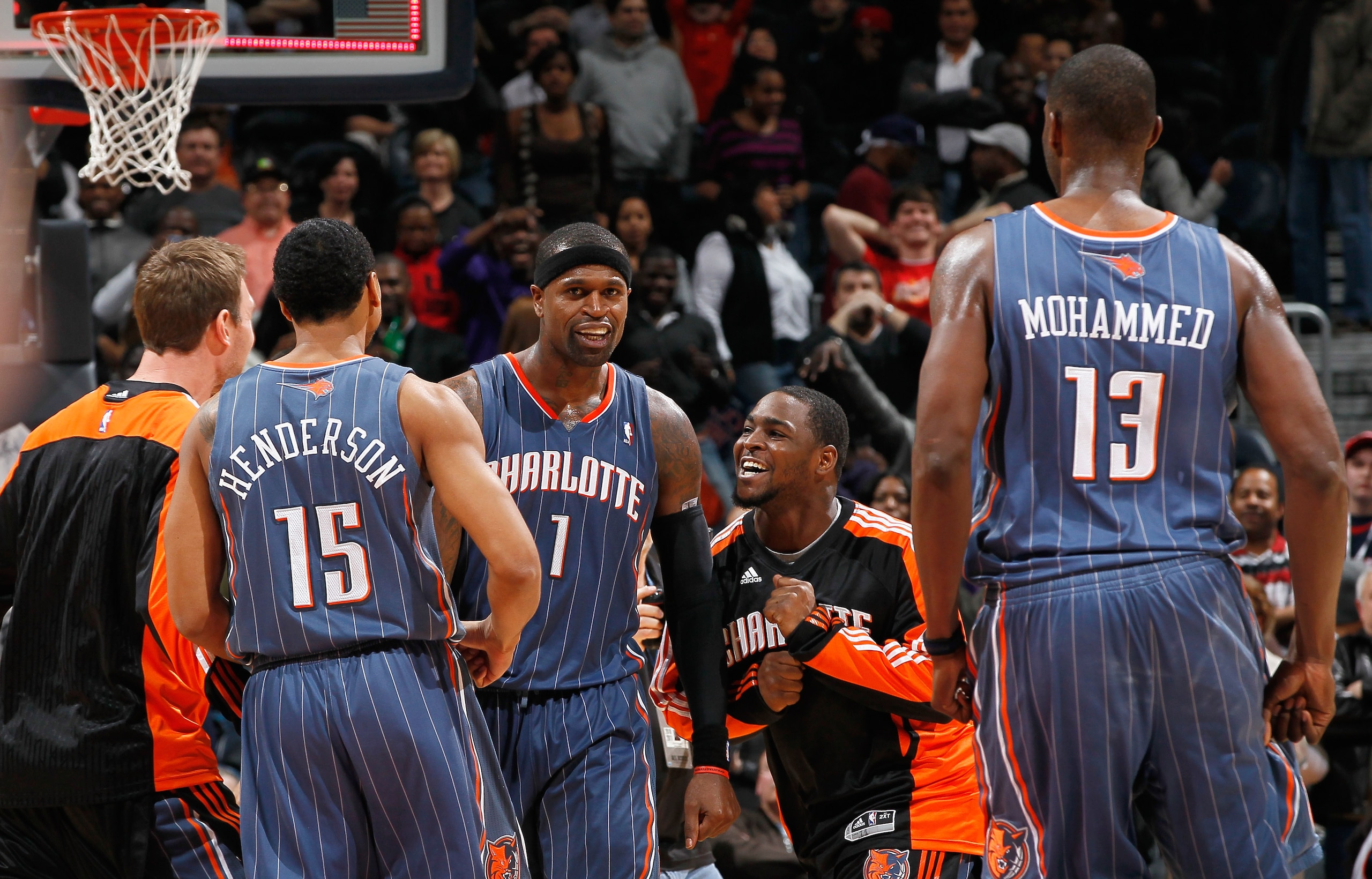 ATLANTA, GA - FEBRUARY 12:  Stephen Jackson #1 of the Charlotte Bobcats celebrates with teammates after hitting the game-winning jumper as time expired to give the Bobcats a 88-86 win over the Atlanta Hawks at Philips Arena on February 12, 2011 in Atlanta
