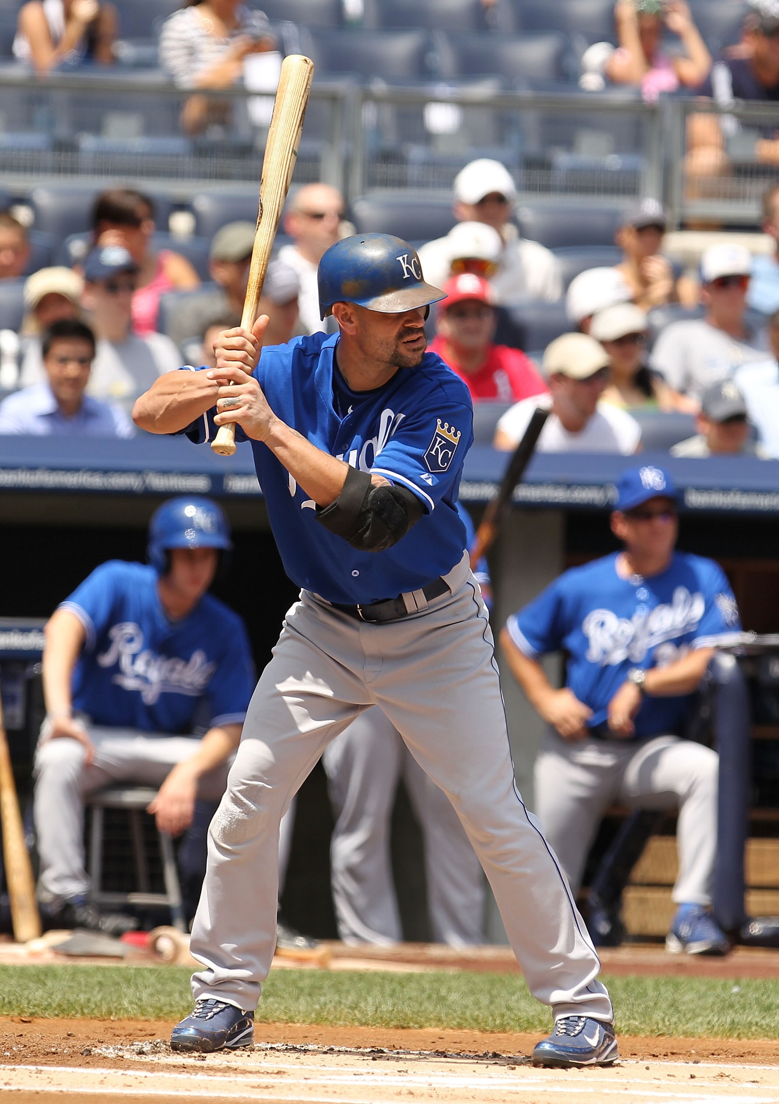 NEW YORK - JULY 25: Jason Kendall #18 of the Kansas City Royals in action against  the New York Yankees during their game on July 25, 2010 at Yankee Stadium in the Bronx borough of New York City.  (Photo by Al Bello/Getty Images)