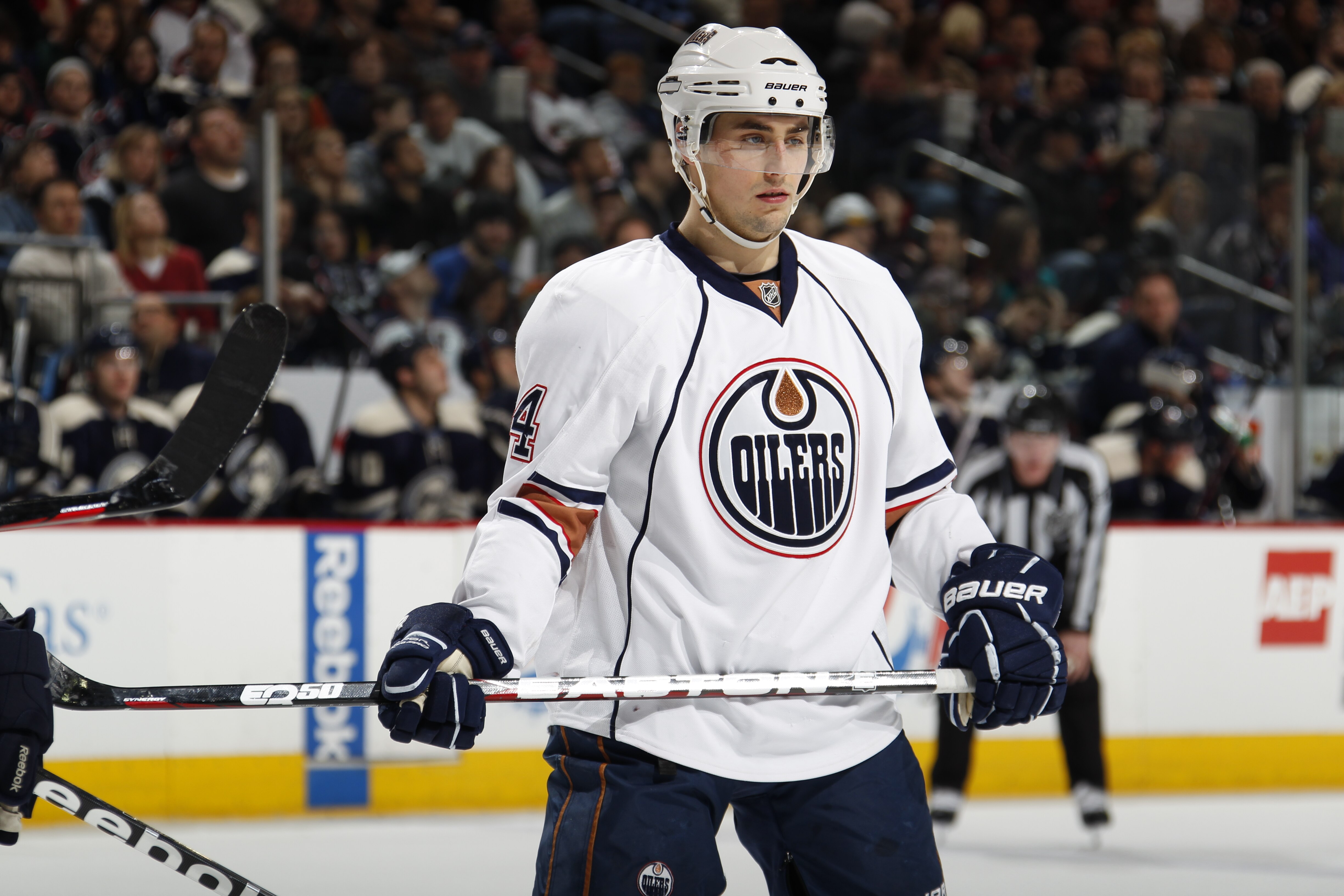 COLUMBUS, OH - FEBRUARY 05:  Taylor Hall #4 of the Edmonton Oilers looks on the Columbus Blue Jackets at Nationwide Arena on February 5, 2011 in Columbus, Ohio.  (Photo by Gregory Shamus/Getty Images)