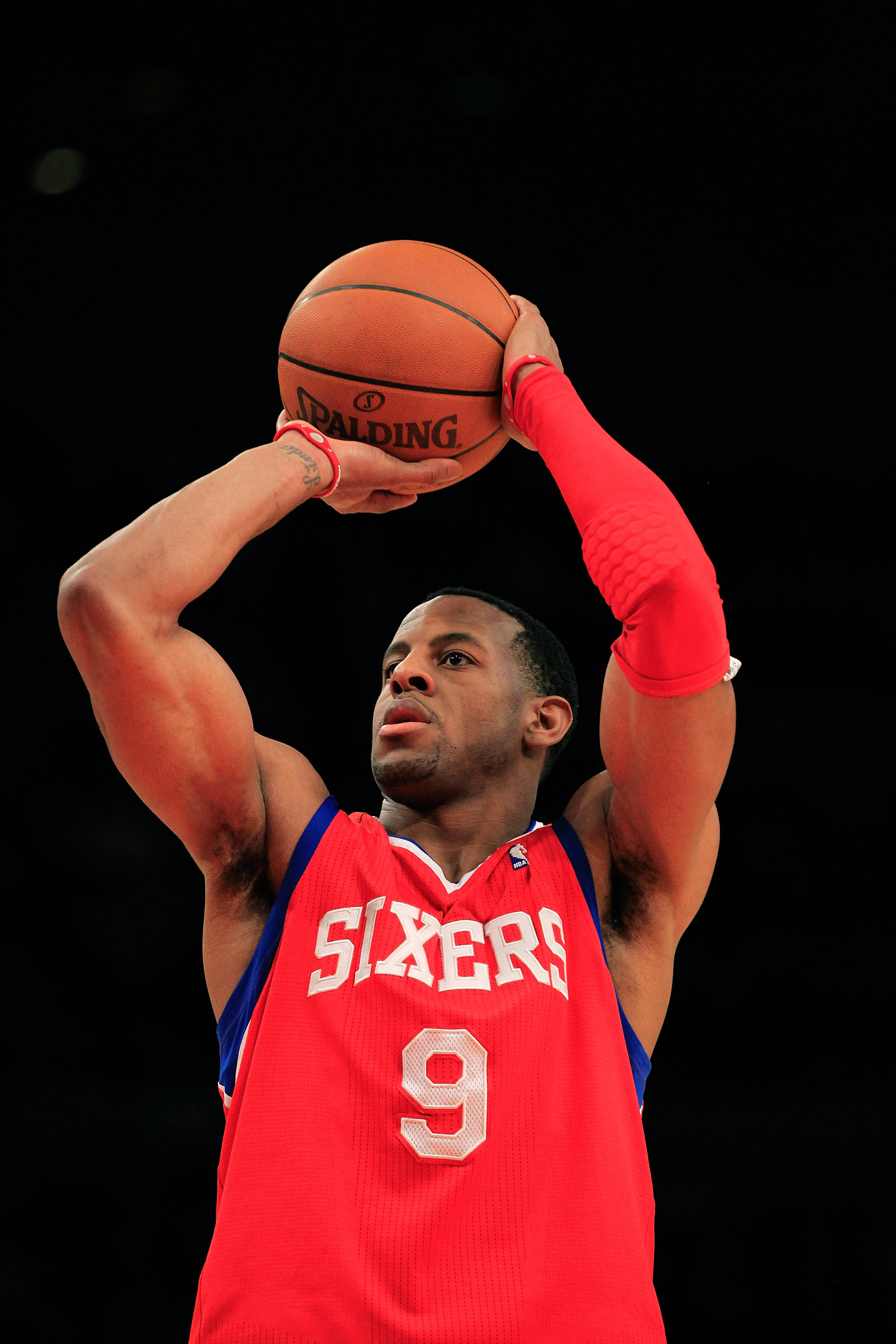 NEW YORK, NY - FEBRUARY 06:  Andre Iguodala #9 of the Philadelphia 76ers shoots a free throw against the New York Knicks at Madison Square Garden on February 6, 2011 in New York City. NOTE TO USER: User expressly acknowledges and agrees that, by downloadi
