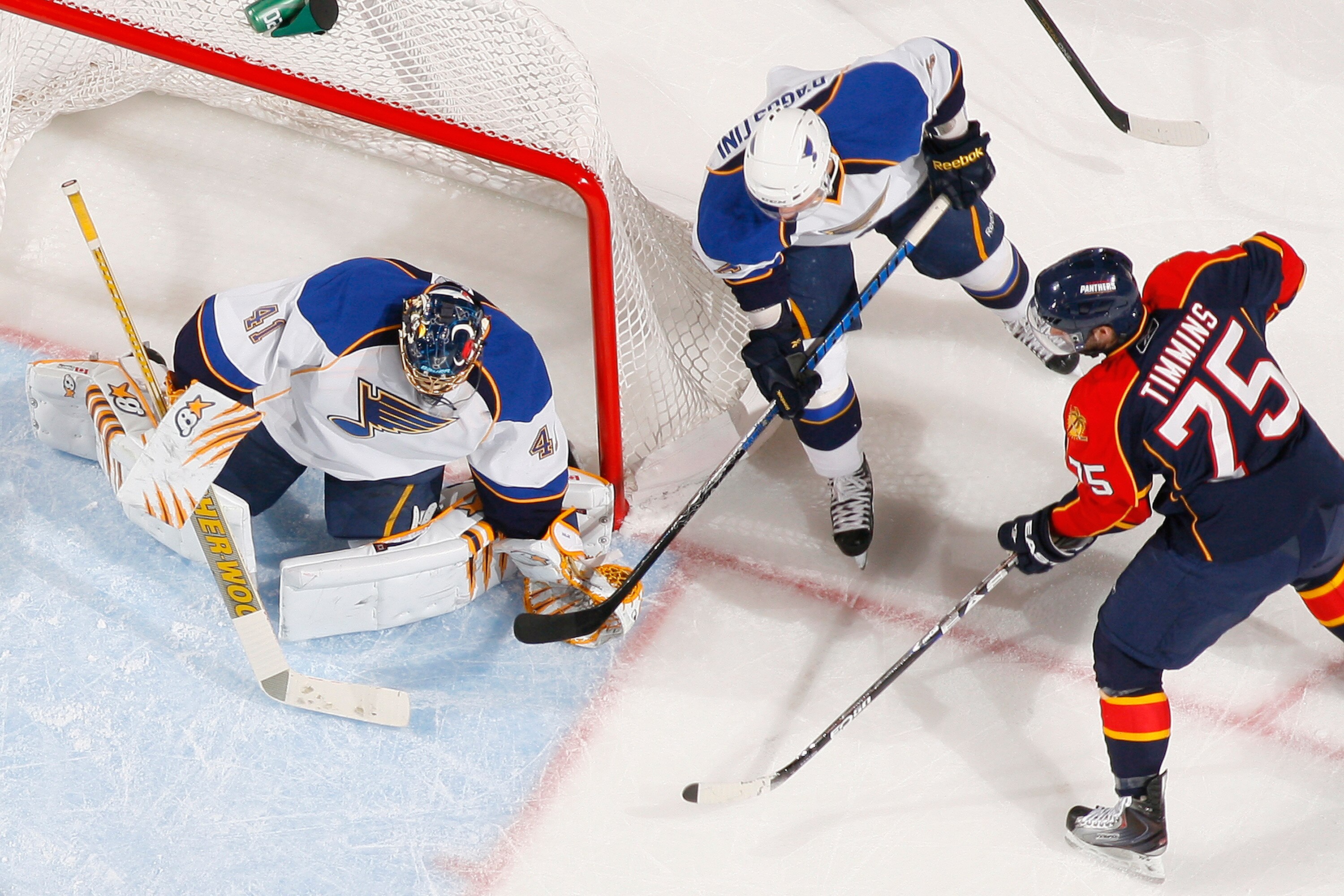SUNRISE, FL - FEBRUARY 8: Goaltender Jaroslav Halak #41 of the St. Louis Blues stops a shot by Scott Timmins #75 of the Florida Panthers on February 8, 2011 at the BankAtlantic Center in Sunrise, Florida. The Blues defeated the Panthers 2-1. (Photo by Joe
