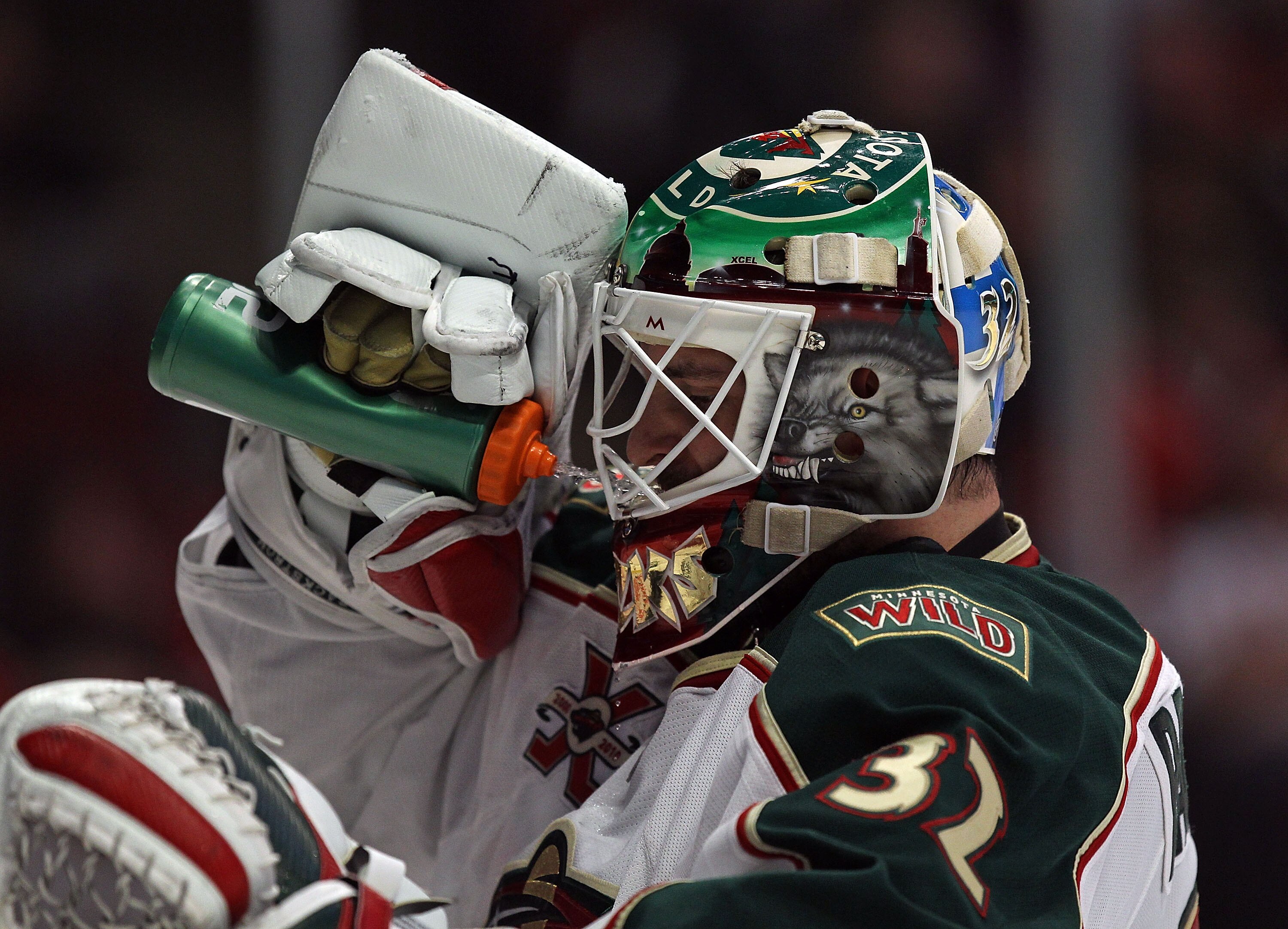 CHICAGO, IL - JANUARY 25: Niklas Backstrom #32 of the Minnesota Wild drinks water during a break in the action against the Chicago Blackhawks at the United Center on January 25, 2011 in Chicago, Illinois. The Wild defeated the Blackhawks 4-2. (Photo by Jo