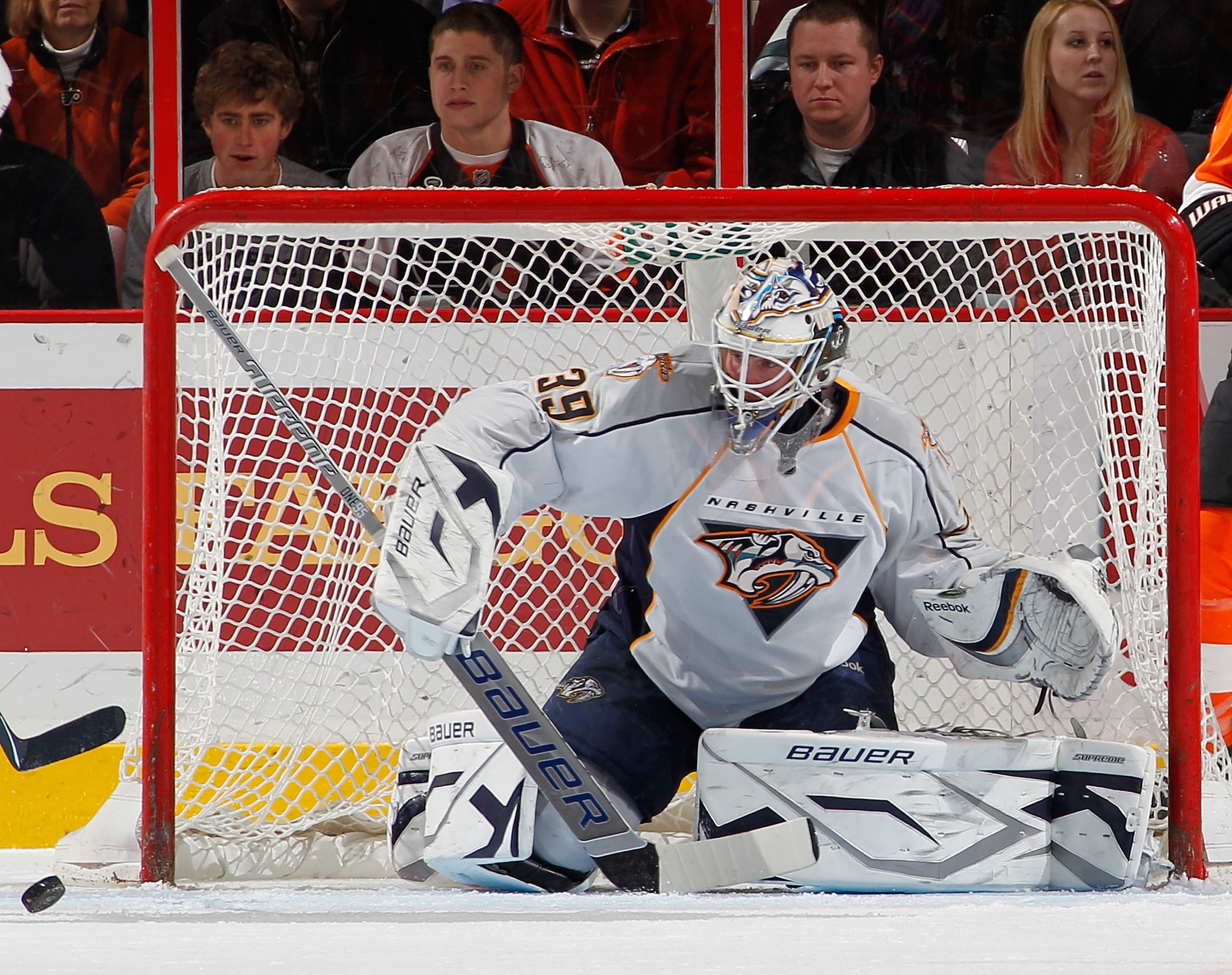 PHILADELPHIA, PA - FEBRUARY 03: Goalie Anders Lindback #39 of the Nashville Predators makes a save during an NHL hockey game against the Philadelphia Flyers at the Wells Fargo Center on February 3, 2011 in Philadelphia, Pennsylvania. (Photo by Paul Bere PHILADELPHIA, PA - FEBRUARY 03: Goalie Anders Lindback #39 of the Nashville Predators makes a save during an NHL hockey game against the Philadelphia Flyers at the Wells Fargo Center on February 3, 2011 in Philadelphia, Pennsylvania. (Photo by Paul Bere