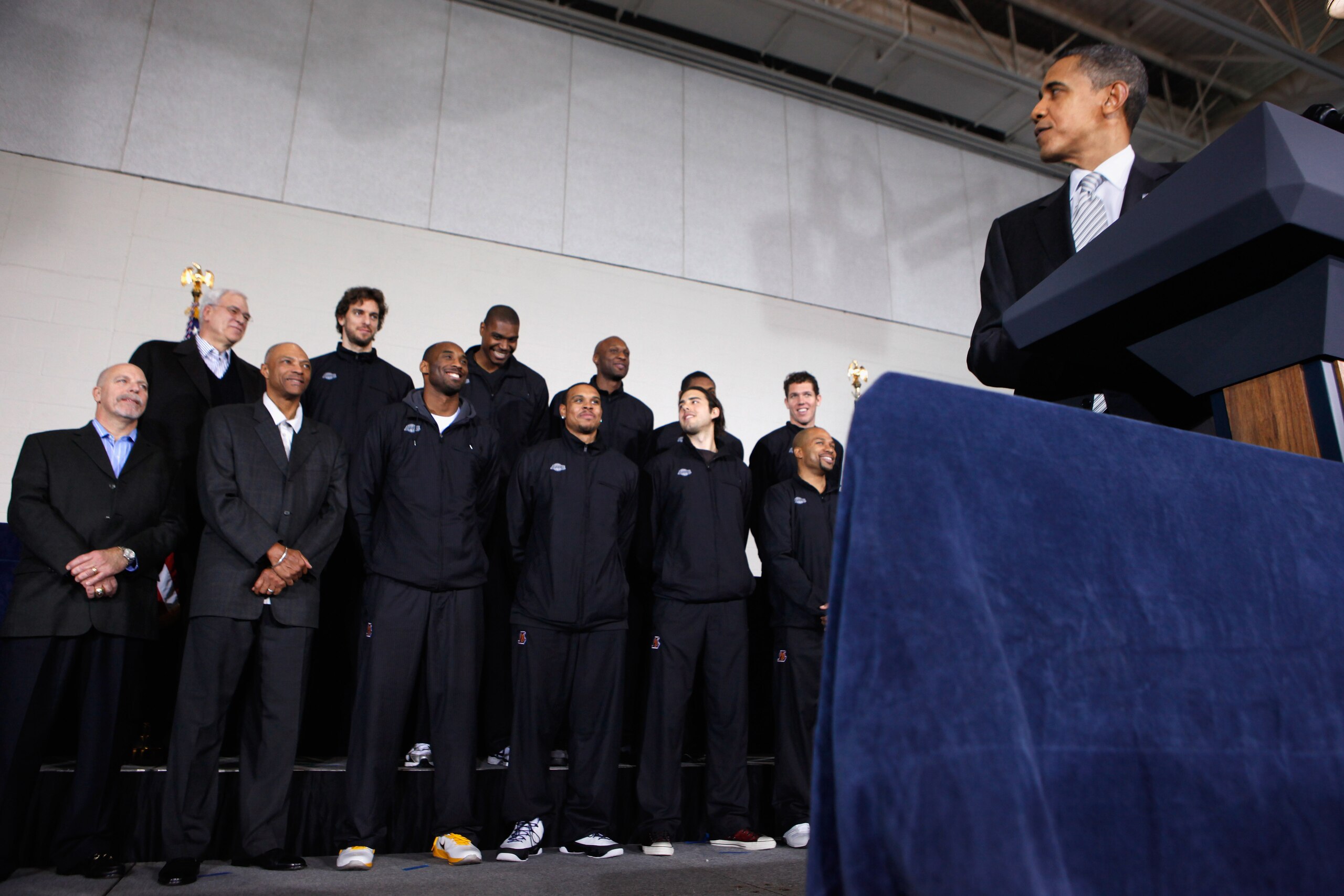 WASHINGTON, DC - DECEMBER 13: (AFP OUT) U.S. President Barack Obama (R) delivers remarks while congratulating the 2010 NBA Championship Los Angeles Lakers the Boys and Girls Club at THEARC December 13, 2010 in Washington, DC. The Lakers team volunteered WASHINGTON, DC - DECEMBER 13: (AFP OUT) U.S. President Barack Obama (R) delivers remarks while congratulating the 2010 NBA Championship Los Angeles Lakers the Boys and Girls Club at THEARC December 13, 2010 in Washington, DC. The Lakers team volunteered