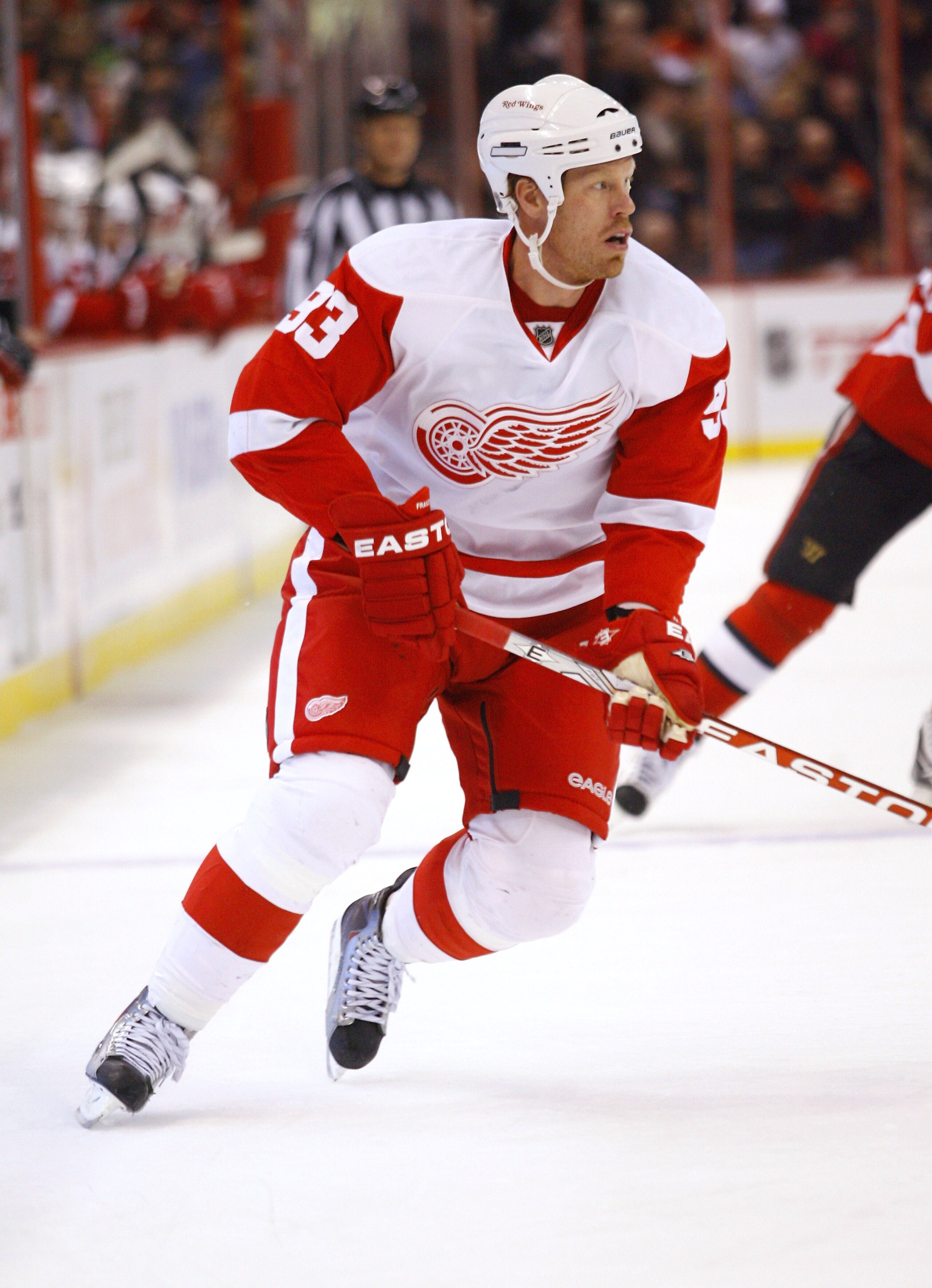 OTTAWA, CANADA - FEBRUARY 02:  Johan Franzen #93 of the Detroit Red Wings skates hard into the offensive zone in a game against the Ottawa Senators at Scotiabank Place on February 2, 2011 in Ottawa, Ontario, Canada.  (Photo by Phillip MacCallum/Getty Imag