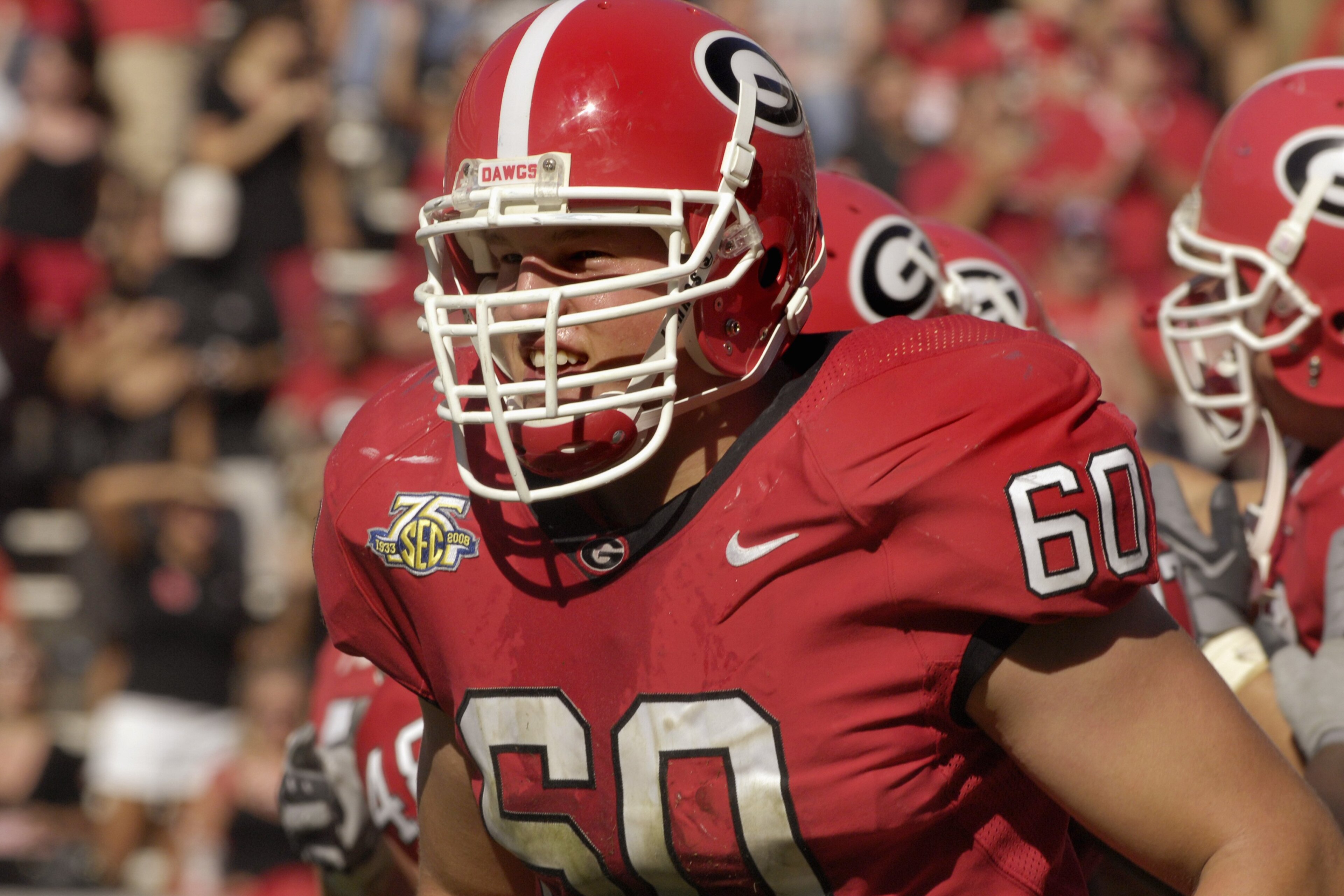 ATHENS, GA - SEPTEMBER 29: Offensive lineman Clint Boling #60 of the Georgia Bulldogs sets for play against the Mississippi Rebels at Sanford Stadium on September 29, 2007 in Athens, Georgia.  Georgia won 45 - 17. (Photo by Al Messerschmidt/Getty Images)