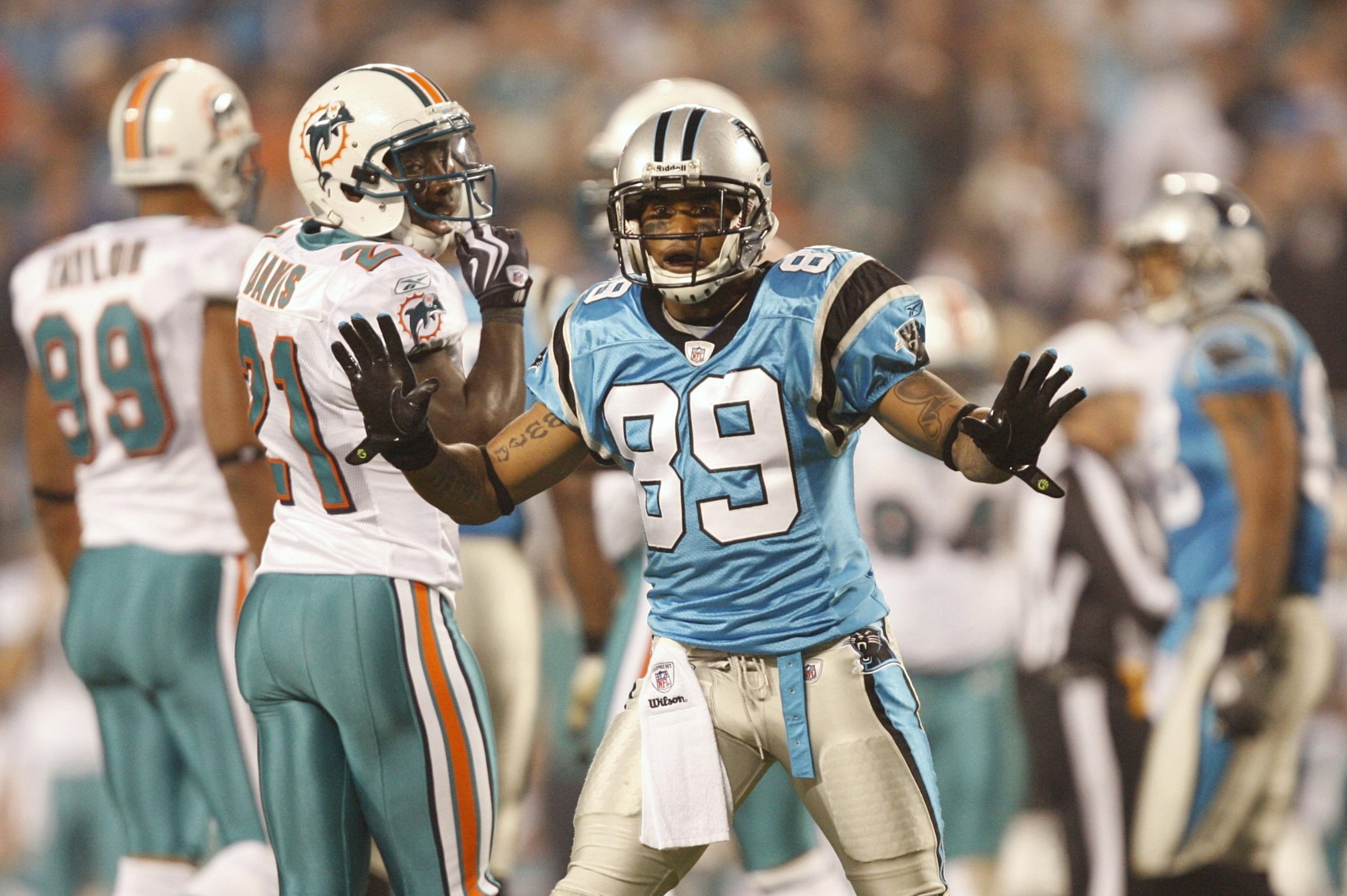 CHARLOTTE - NOVEMBER 19: Steve Smith #89 of the Carolina Panthers reacts against the Miami Dolphins at Bank of America Stadium on November 19, 2009 in Charlotte, North Carolina.  (Photo by Streeter Lecka/Getty Images)