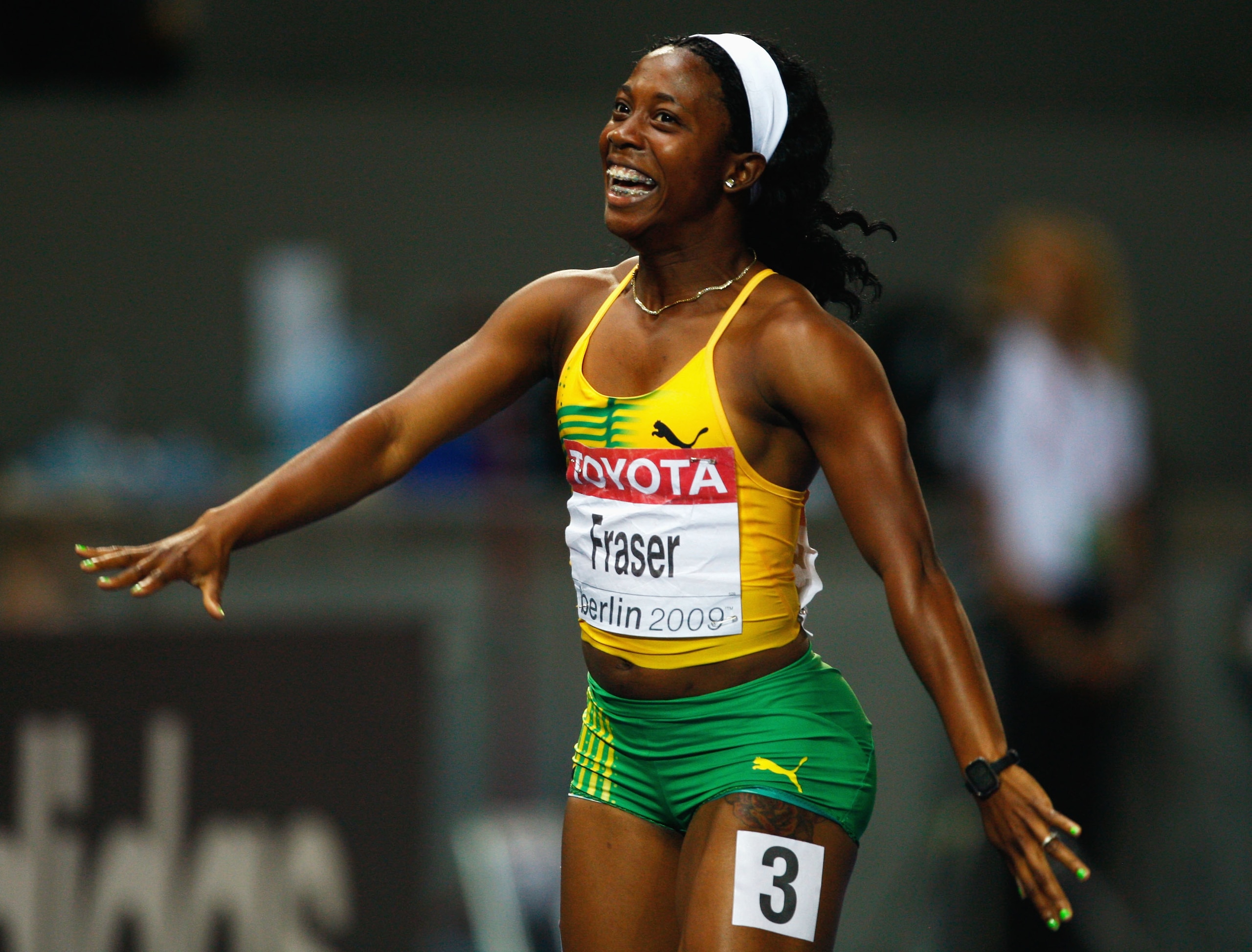 BERLIN - AUGUST 17: Shelly-Ann Fraser of Jamaica celebrates winning the gold medal in the women's 100 Metres Final during day three of the 12th IAAF World Athletics Championships at the Olympic Stadium on August 17, 2009 in Berlin, Germany. (Photo by St BERLIN - AUGUST 17: Shelly-Ann Fraser of Jamaica celebrates winning the gold medal in the women's 100 Metres Final during day three of the 12th IAAF World Athletics Championships at the Olympic Stadium on August 17, 2009 in Berlin, Germany. (Photo by St