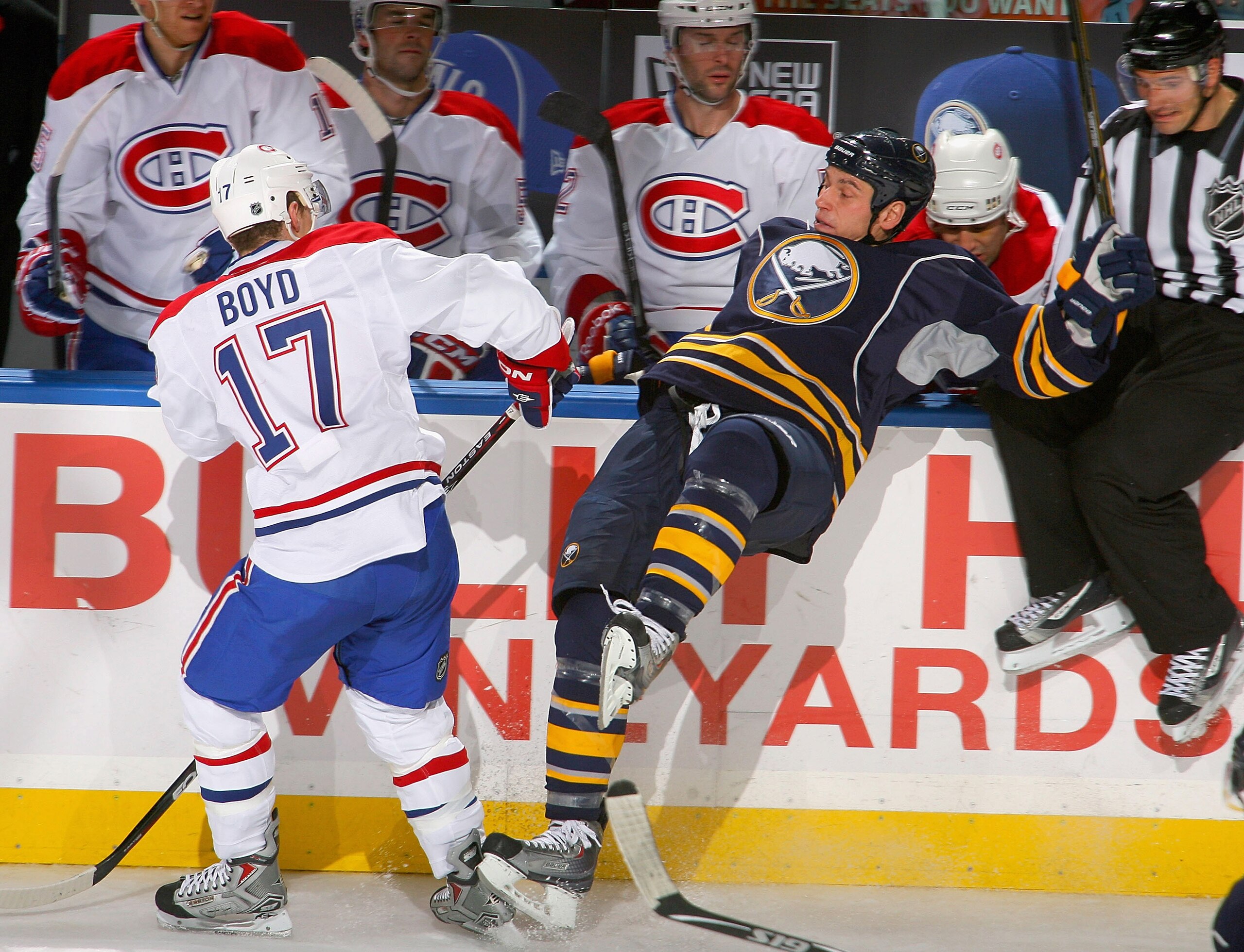 BUFFALO, NY - NOVEMBER 05: Dustin Boyd #17 of the Montreal Canadiens checks Cody McCormick #8 of the Buffalo Sabres on November 5, 2010 at the HSBC Arena in Buffalo, New York.  (Photo by Rick Stewart/Getty Images)
