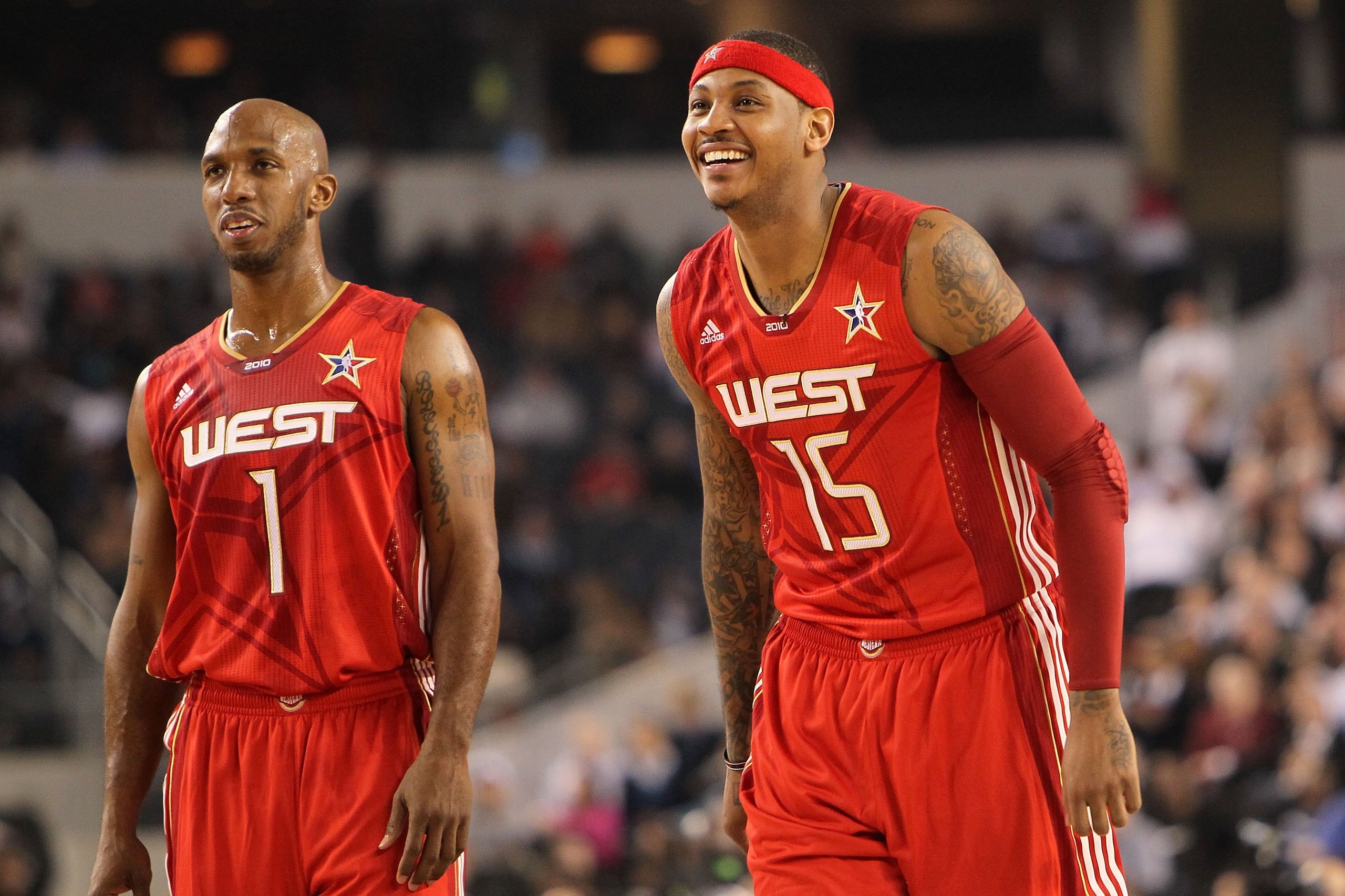 ARLINGTON, TX - FEBRUARY 14:  Chauncey Billups #1 and Carmelo Anthony #15 of the Western Conference look on during the second half of the NBA All-Star Game, part of 2010 NBA All-Star Weekend at Cowboys Stadium on February 14, 2010 in Arlington, Texas. The