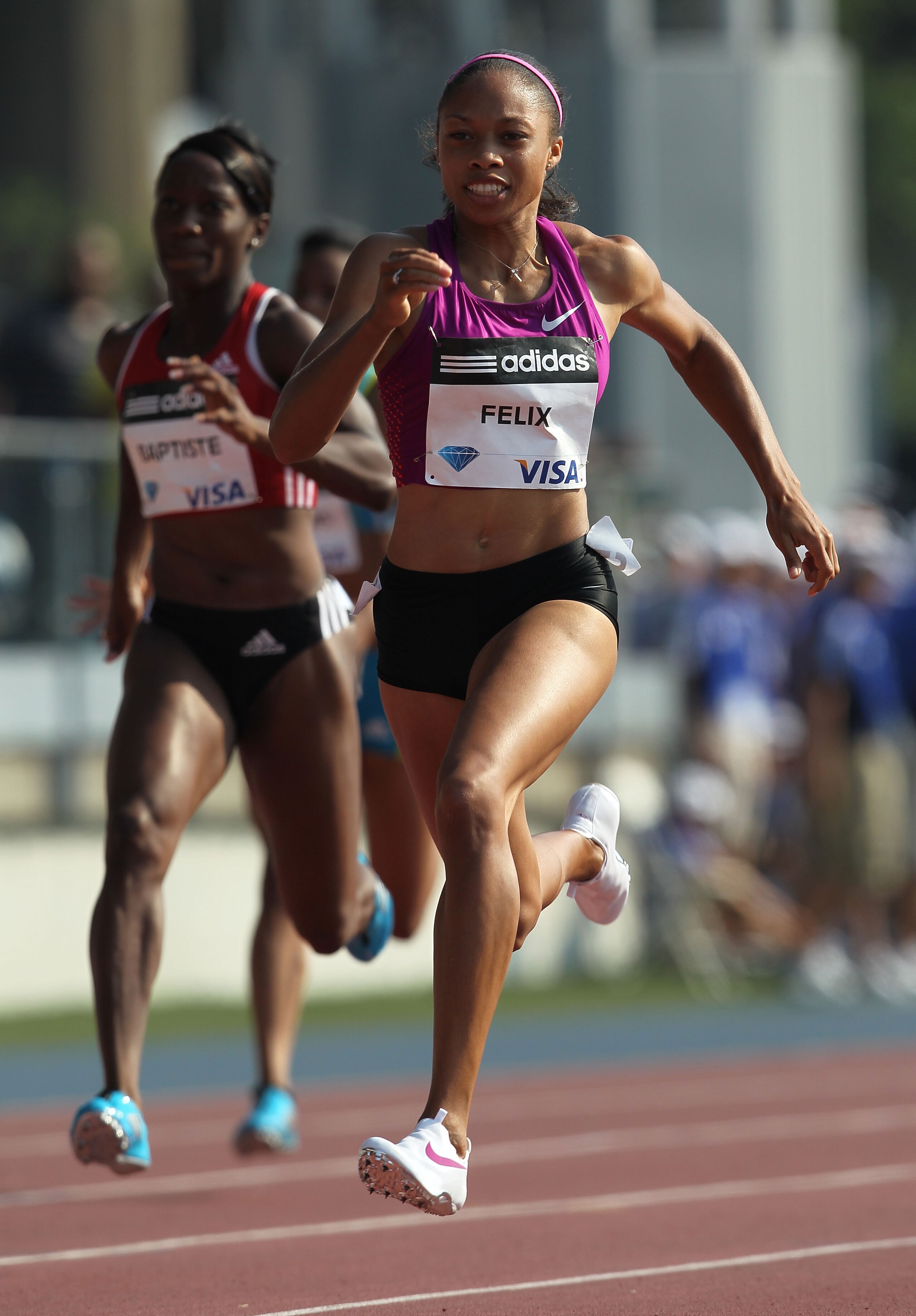 NEW YORK - JUNE 12: Allyson Felix runs in the Women's 200m during the IAAF Diamond League at Icahn Stadium on June 12, 2010 in New York City. (Photo by Nick Laham/Getty Images) NEW YORK - JUNE 12: Allyson Felix runs in the Women's 200m during the IAAF Diamond League at Icahn Stadium on June 12, 2010 in New York City. (Photo by Nick Laham/Getty Images)