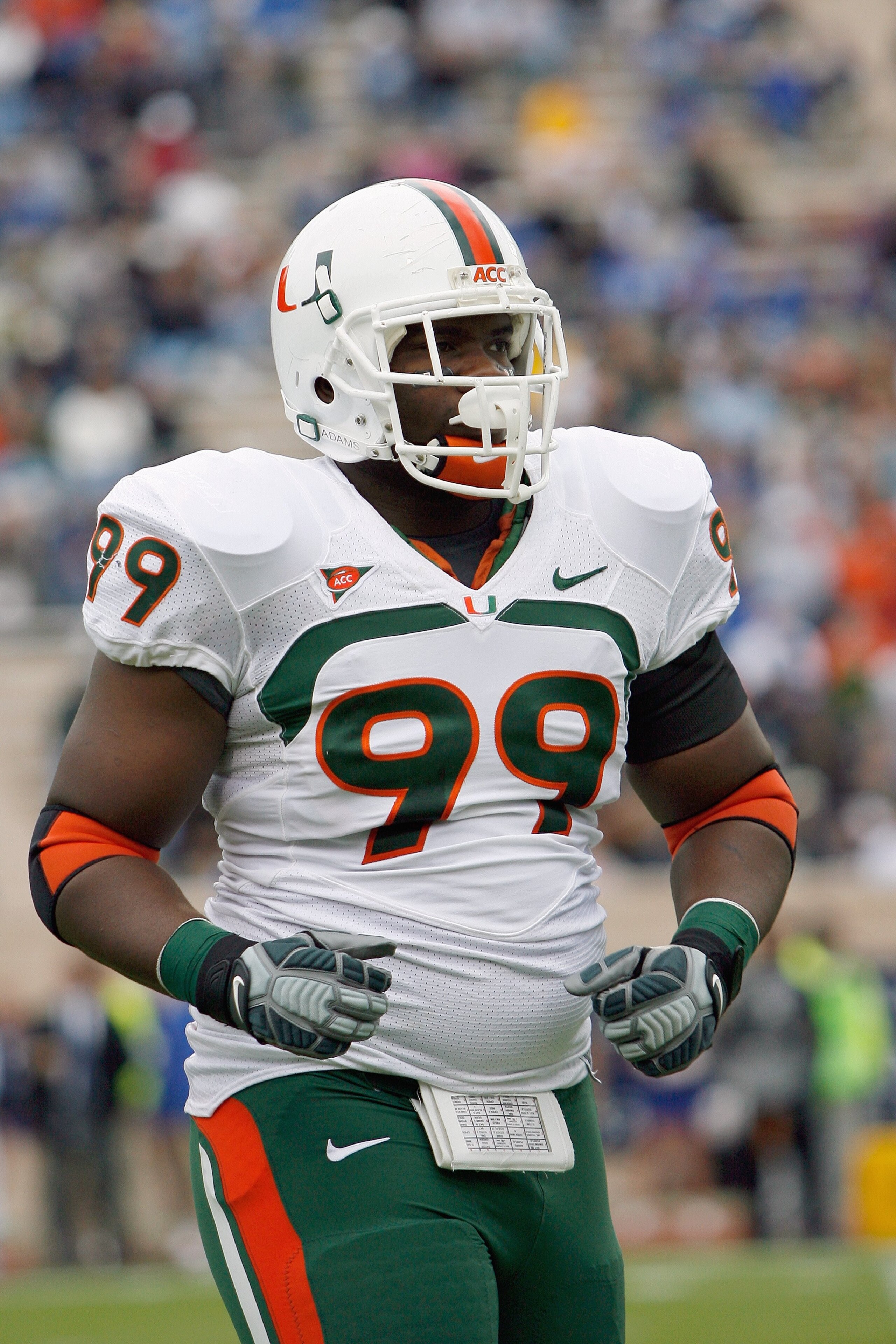 DURHAM, NC - OCTOBER 18:  Marcus Forston #99 of the Miami Hurricanes jogs off the field during the game against the Duke Blue Devils at Wallace Wade Stadium on October 18, 2008 in Durham, North Carolina.  (Photo by Kevin C. Cox/Getty Images)