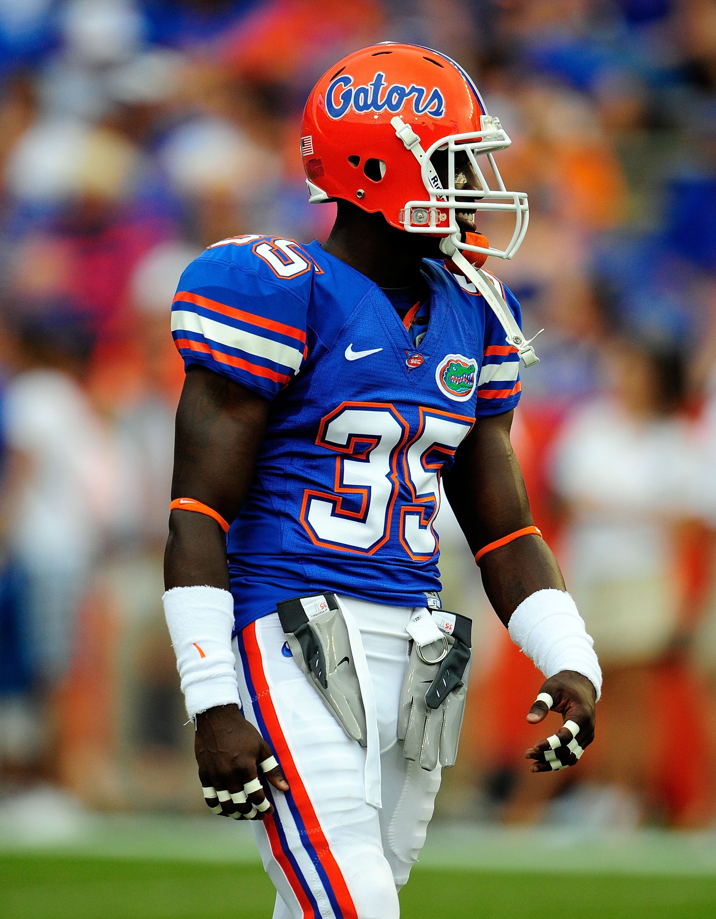 GAINESVILLE, FL - SEPTEMBER 5:  Ahmad Black #35 of the Florida Gators watches the action prior to the game against the Charleston Southern Buccaneers at Ben Hill Griffin Stadium on September 5, 2009 in Gainesville, Florida.  (Photo by Sam Greenwood/Getty