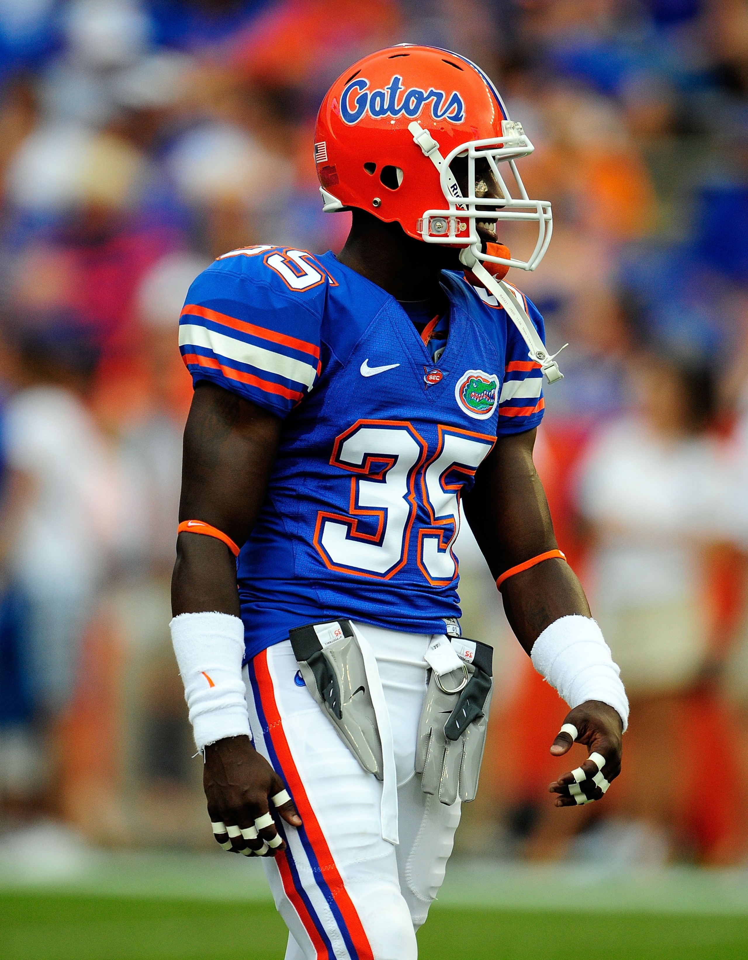 GAINESVILLE, FL - SEPTEMBER 5:  Ahmad Black #35 of the Florida Gators watches the action prior to the game against the Charleston Southern Buccaneers at Ben Hill Griffin Stadium on September 5, 2009 in Gainesville, Florida.  (Photo by Sam Greenwood/Getty