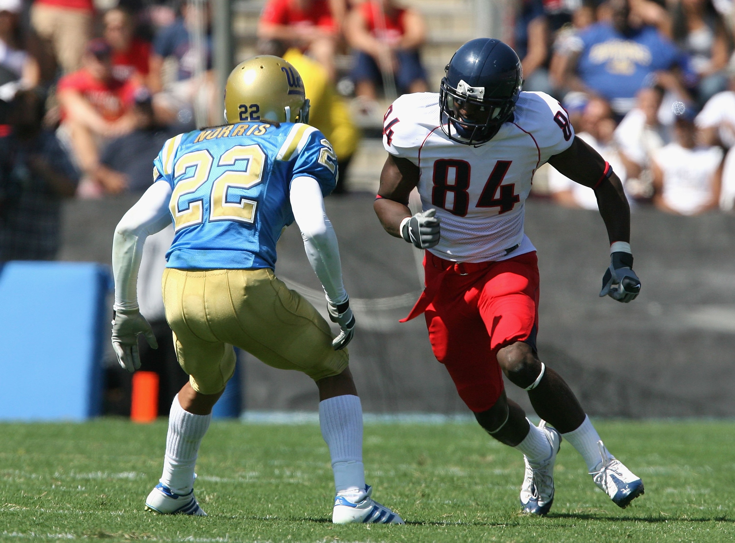 PASADENA, CA - SEPTEMBER 20:  Wide receiver Terrell Turner #84 of the Arizona Wildcats breaks from the line of scrimmage during the college football game against the UCLA Bruins at the Rose Bowl on September 13, 2008 in Pasadena, California. The Wildcats