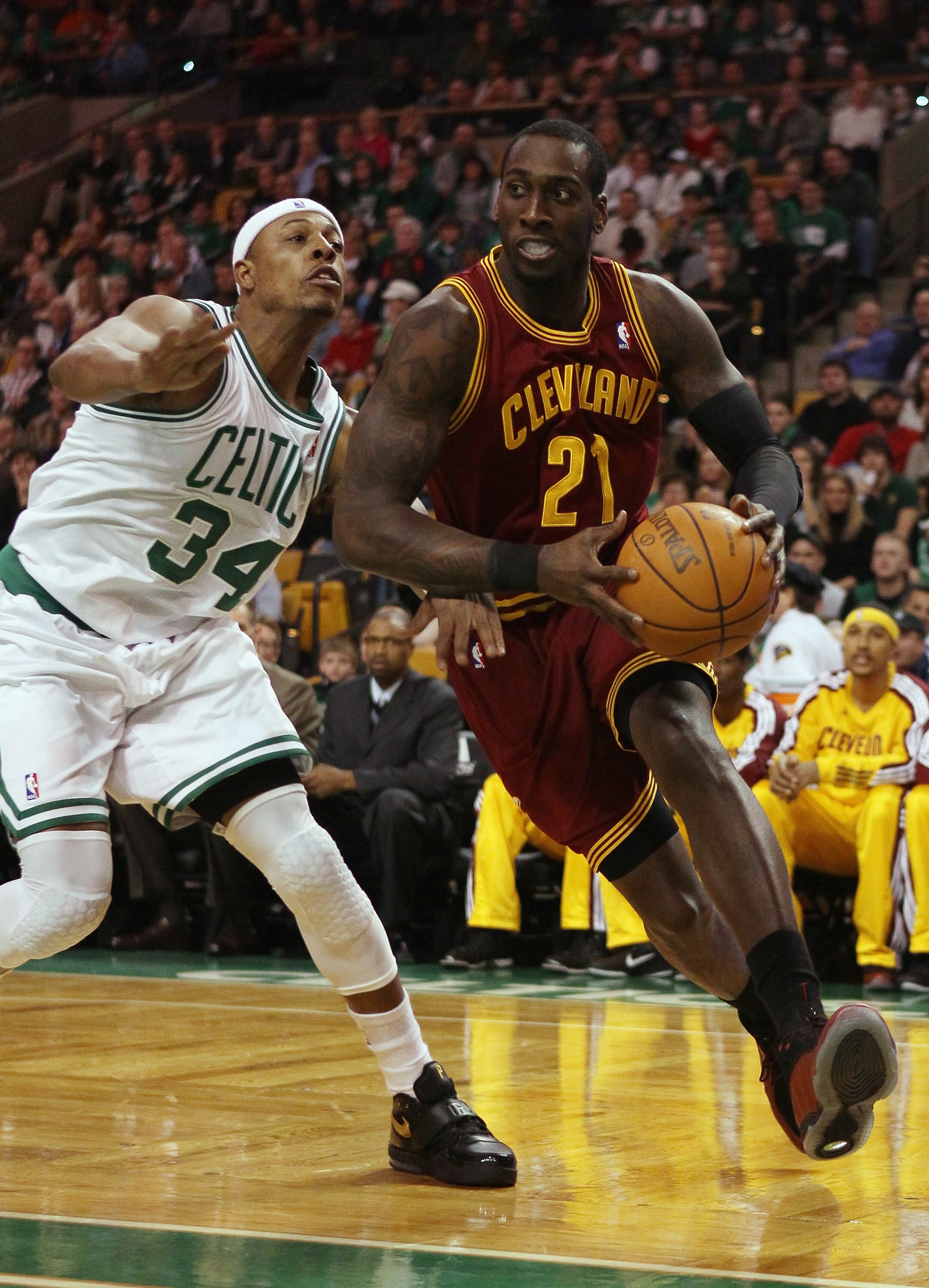 BOSTON, MA - JANUARY 25: J.J. Hickson #21 of the of the Cleveland Cavaliers heads for the net as Paul Pierce #34 of the Boston Celtics defends on January 25, 2011 at the TD Garden in Boston, Massachusetts. NOTE TO USER: User expressly acknowledges and BOSTON, MA - JANUARY 25: J.J. Hickson #21 of the of the Cleveland Cavaliers heads for the net as Paul Pierce #34 of the Boston Celtics defends on January 25, 2011 at the TD Garden in Boston, Massachusetts. NOTE TO USER: User expressly acknowledges and