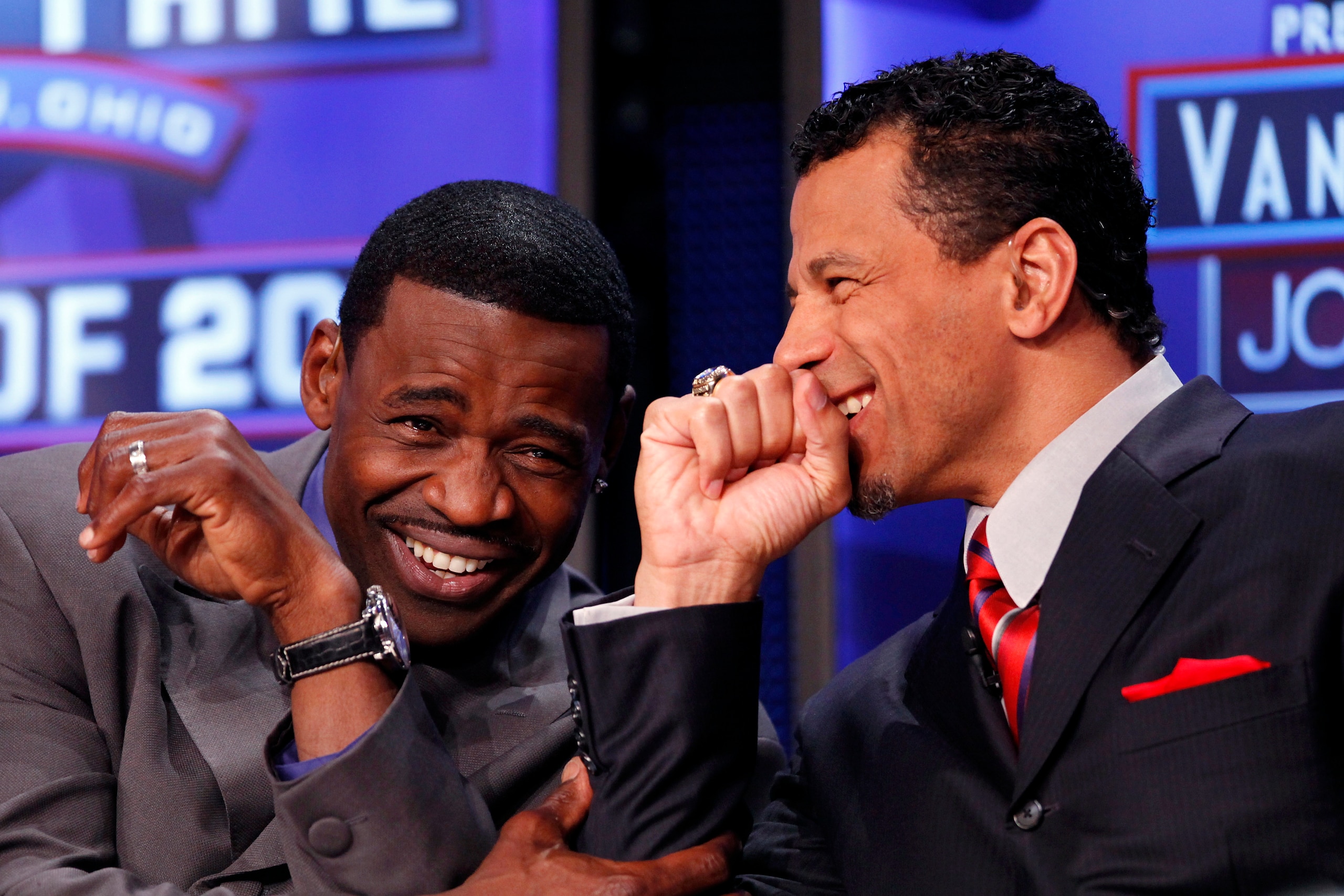 DALLAS, TX - FEBRUARY 5: Pro Football Hall of Famers Michael Irvin and Rod Woodson share a laugh on the NFL Network set prior to the announcement of the 2011 Pro Football Hall of Fame class at the Super Bowl XLV media center on February 5, 2011 in Dallas,