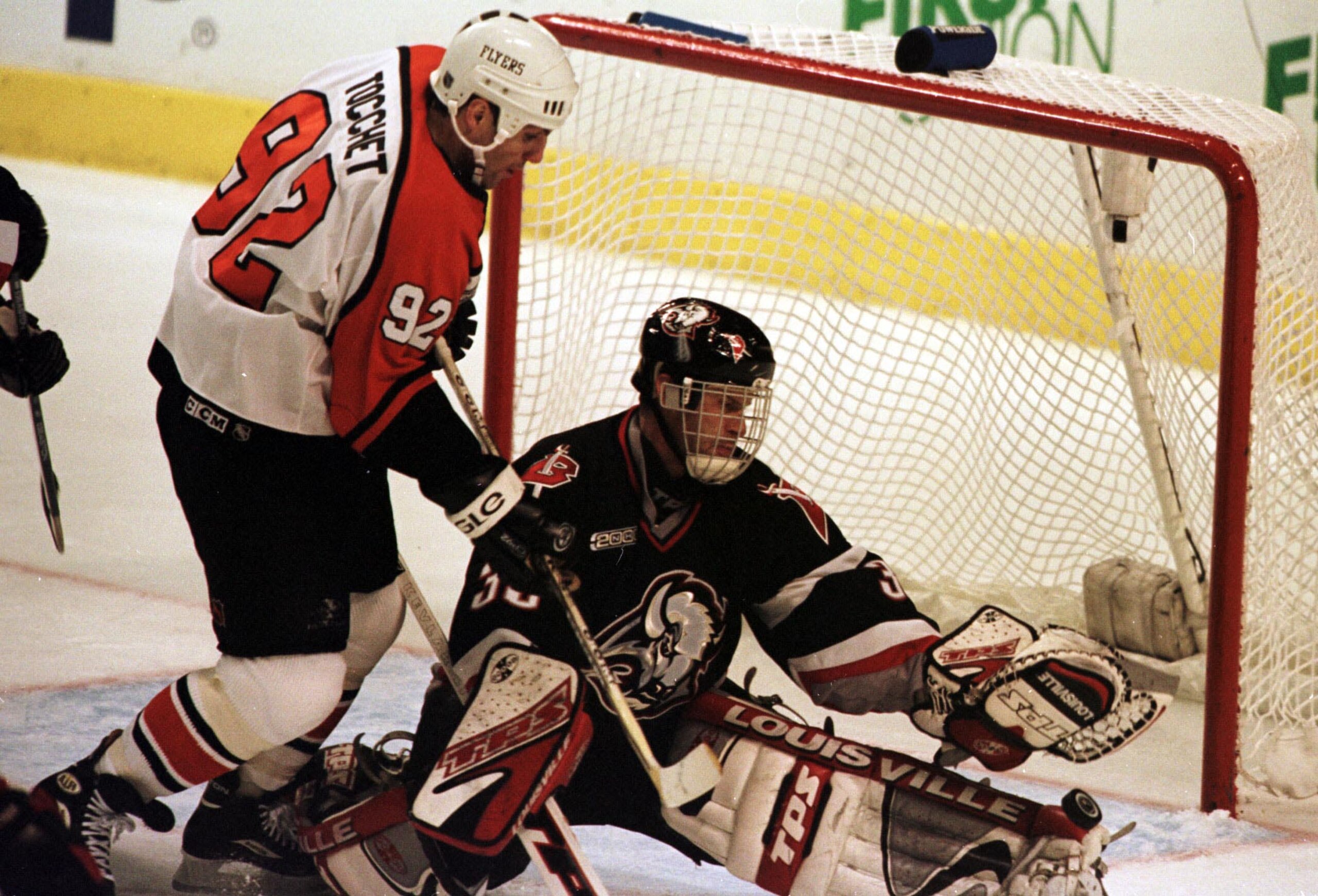 14 Apr 2000: Goalie Dominik Hasek #39 of the Buffalo Sabres blocks a shot by Flyers RIck Tocchet #92 of the Philadelphia Flyers during game two of the NHL Eastern Conference Quarterfinals between the Buffalo Sabres and the Philadelphia Flyers at the First 14 Apr 2000: Goalie Dominik Hasek #39 of the Buffalo Sabres blocks a shot by Flyers RIck Tocchet #92 of the Philadelphia Flyers during game two of the NHL Eastern Conference Quarterfinals between the Buffalo Sabres and the Philadelphia Flyers at the First