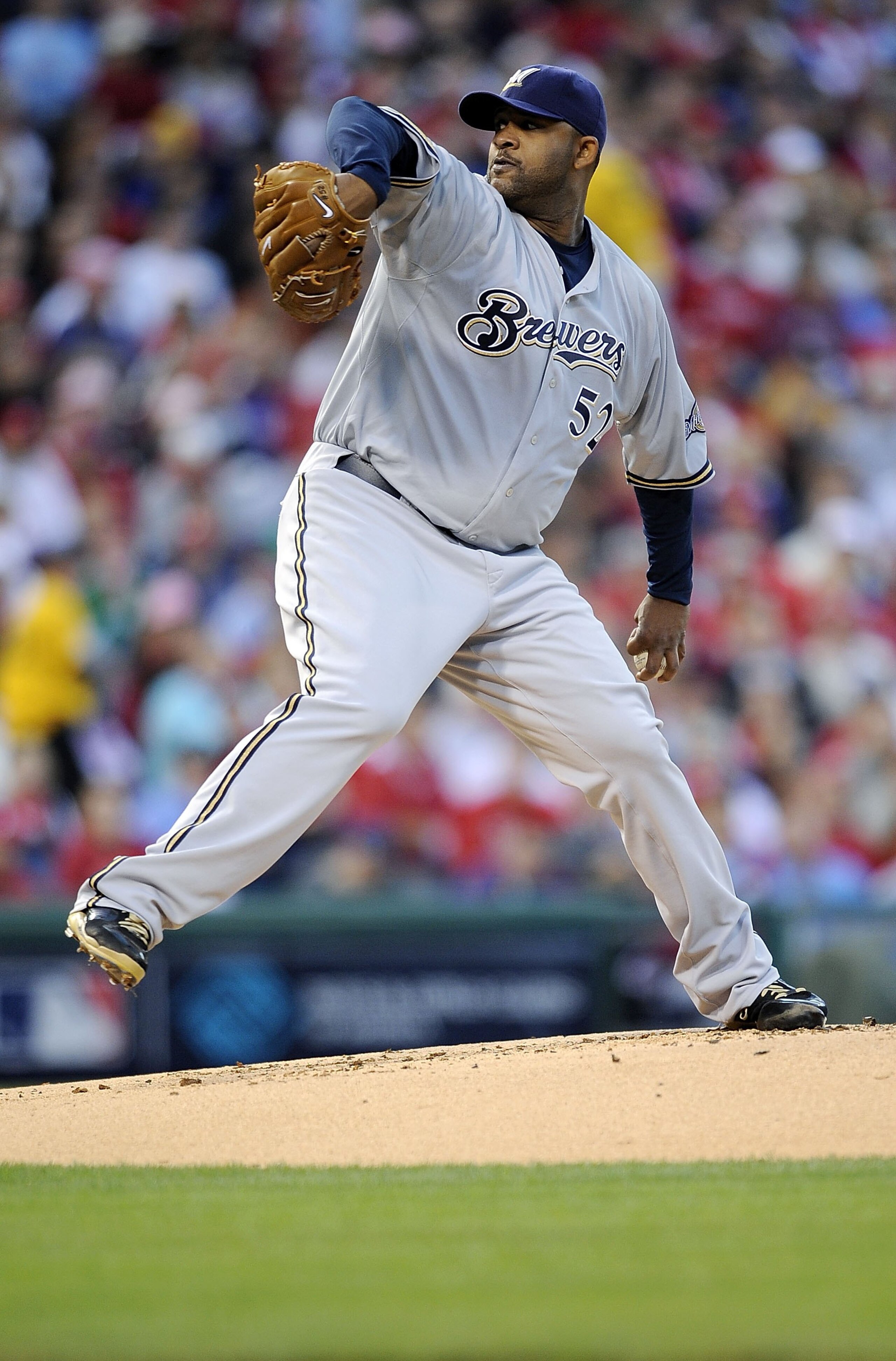PHILADELPHIA - OCTOBER 02:  CC Sabathia #52 of the Milwaukee Brewers delivers in Game 2 of the NLDS Playoff against the Philadelphia Phillies  at Citizens Bank Ballpark on October 2, 2008 in Philadelphia, Pennsylvania  (Photo by Jeff Zelevansky/Getty Imag