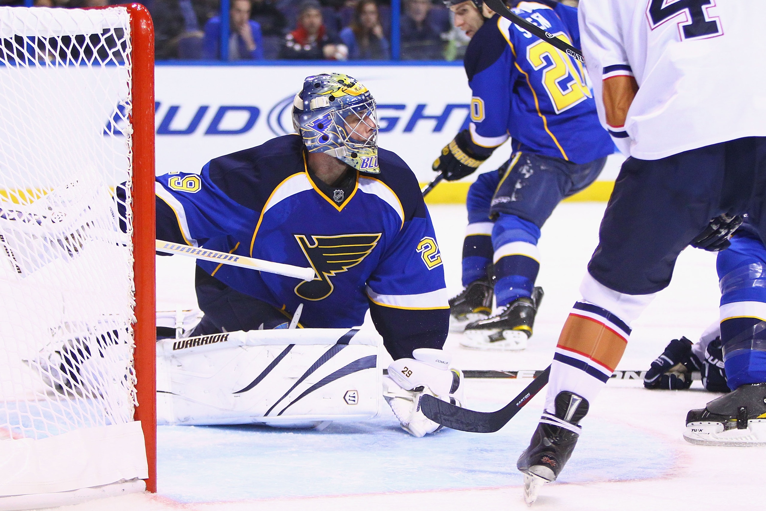 ST. LOUIS, MO - FEBRUARY 4: Ty Conklin #29 of the St. Louis Blues makes a save against the Edmonton Oilers at the Scottrade Center on February 4, 2011 in St. Louis, Missouri.  (Photo by Dilip Vishwanat/Getty Images)