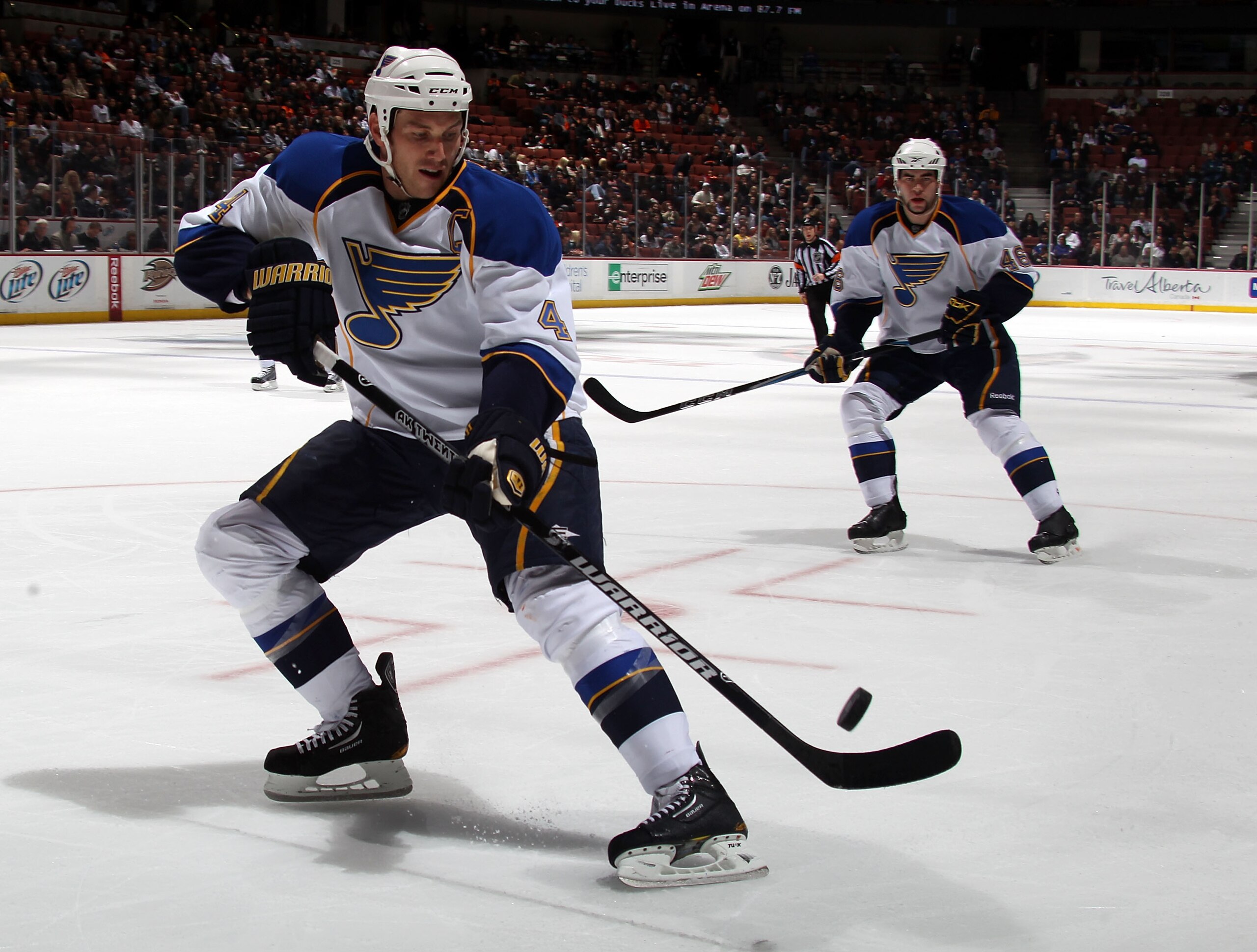ANAHEIM, CA - JANUARY 12:  Eric Brewer #4 of the St. Louis Blues skates against the Anaheim Ducks at the Honda Center on January 12, 2011 in Anaheim, California.  (Photo by Bruce Bennett/Getty Images)