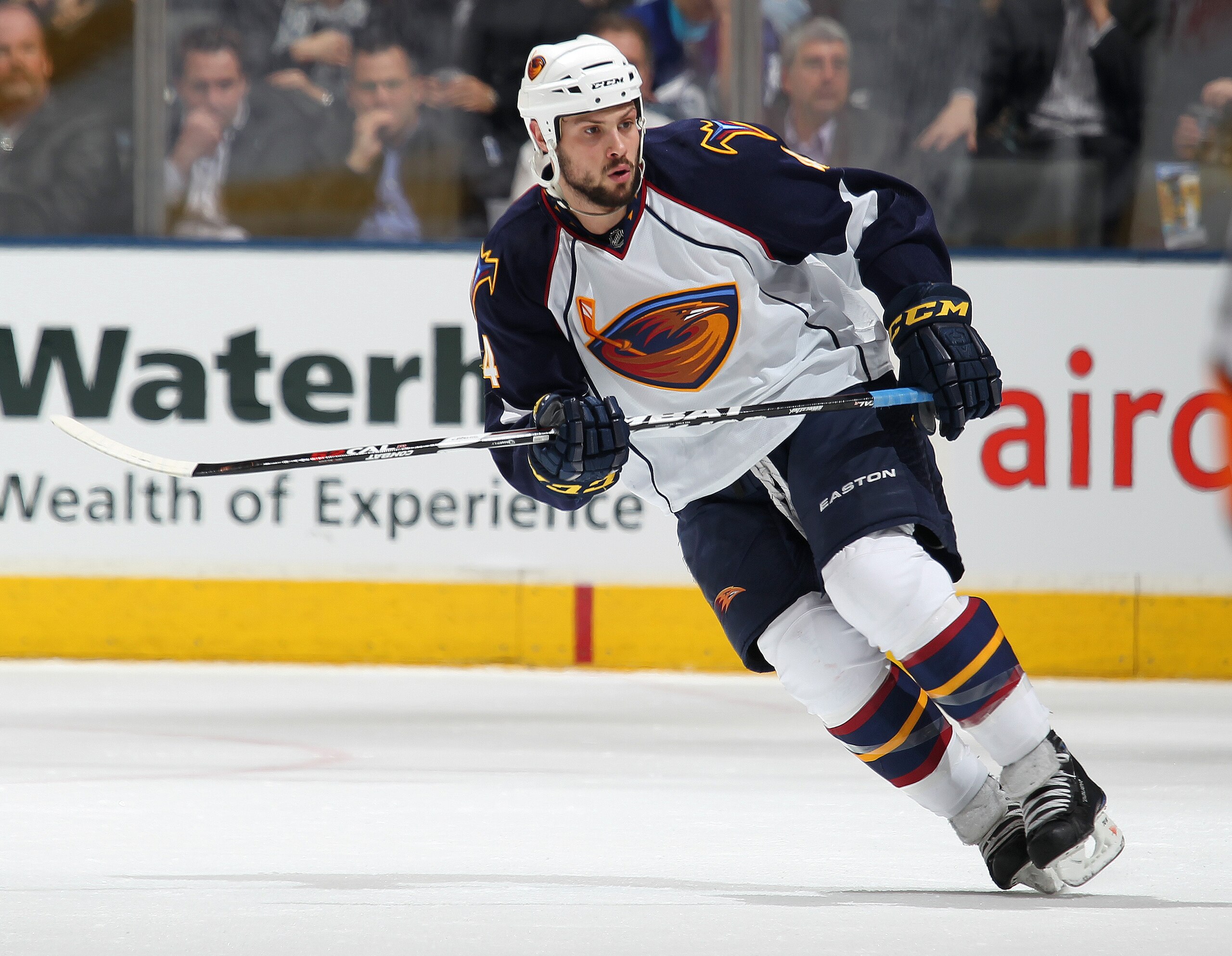 TORONTO, CAN - FEBRUARY 7:  Zach Bogosian #4 of the Atlanta Thrashers skates in a game against the Toronto Maple Leafs on February 7, 2011 at the Air Canada Centre in Toronto, Canada. The Leafs defeated the Thrashers 5-4. (Photo by Claus Andersen/Getty Im