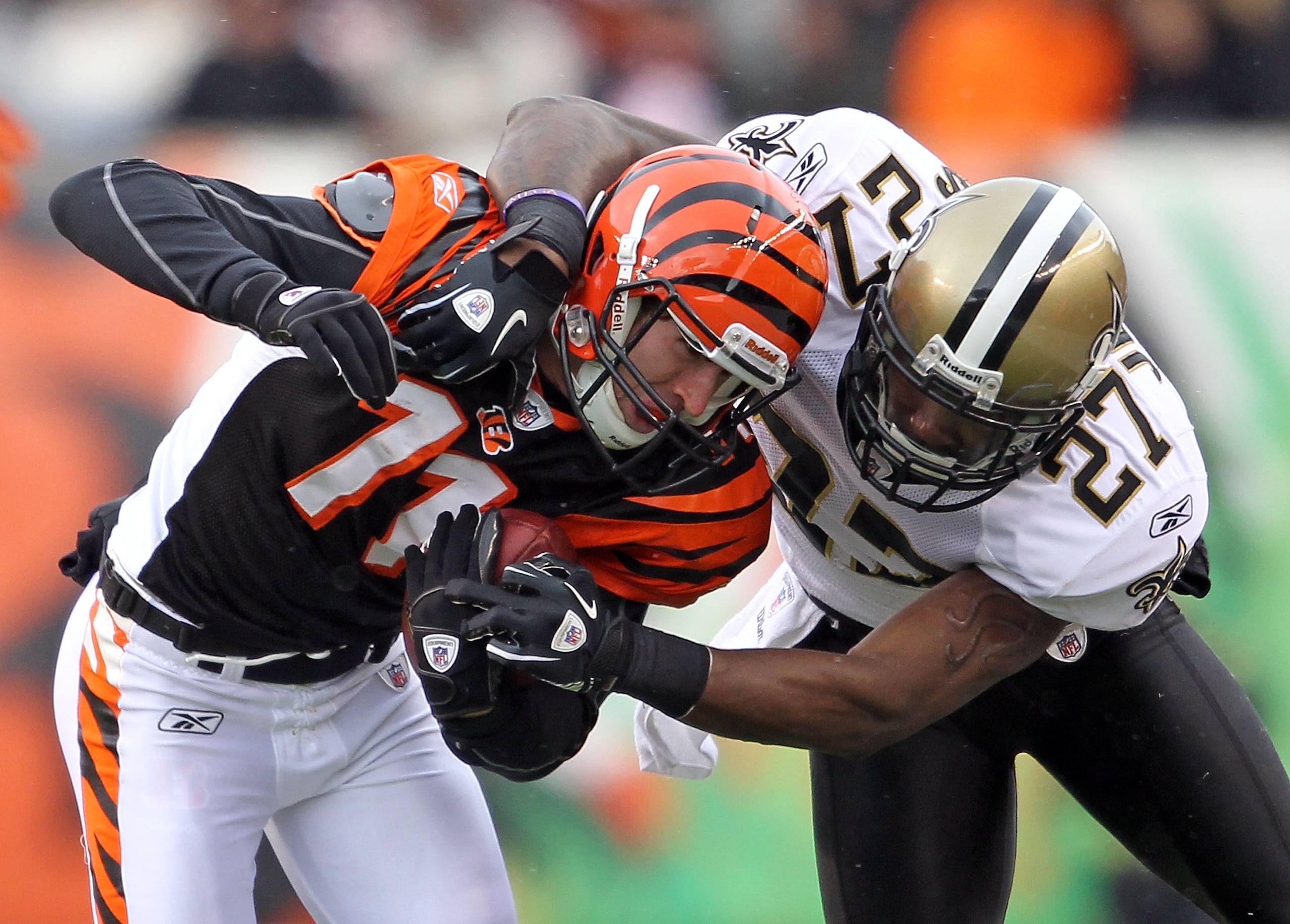 CINCINNATI, OH - DECEMBER 05: Malcolm Jenkins #27 of the New Orleans Saints tackles Jordan Shipley #11 of the Cincinnati Bengals during the NFL game at Paul Brown Stadium on December 5, 2010 in Cincinnati, Ohio. The Saints won 34-30. (Photo by Andy Lyo CINCINNATI, OH - DECEMBER 05: Malcolm Jenkins #27 of the New Orleans Saints tackles Jordan Shipley #11 of the Cincinnati Bengals during the NFL game at Paul Brown Stadium on December 5, 2010 in Cincinnati, Ohio. The Saints won 34-30. (Photo by Andy Lyo