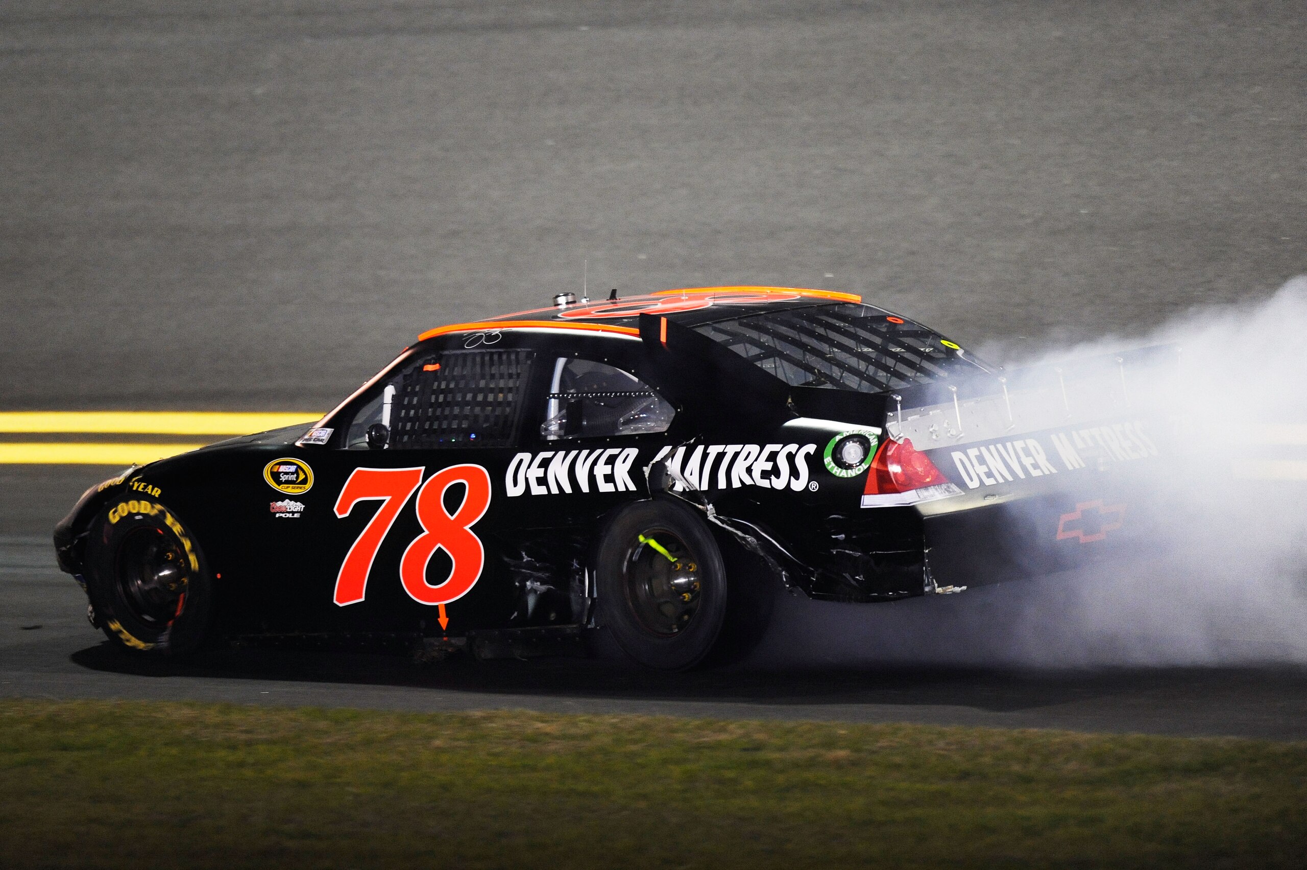 DAYTONA BEACH, FL - FEBRUARY 12: Regan Smith, driver of the #78 Furniture Row Racing Chevrolet, spins out during the NASCAR Budweiser Shootout at Daytona International Speedway on February 12, 2011 in Daytona Beach, Florida. (Photo by John Harrelson/Get DAYTONA BEACH, FL - FEBRUARY 12: Regan Smith, driver of the #78 Furniture Row Racing Chevrolet, spins out during the NASCAR Budweiser Shootout at Daytona International Speedway on February 12, 2011 in Daytona Beach, Florida. (Photo by John Harrelson/Get
