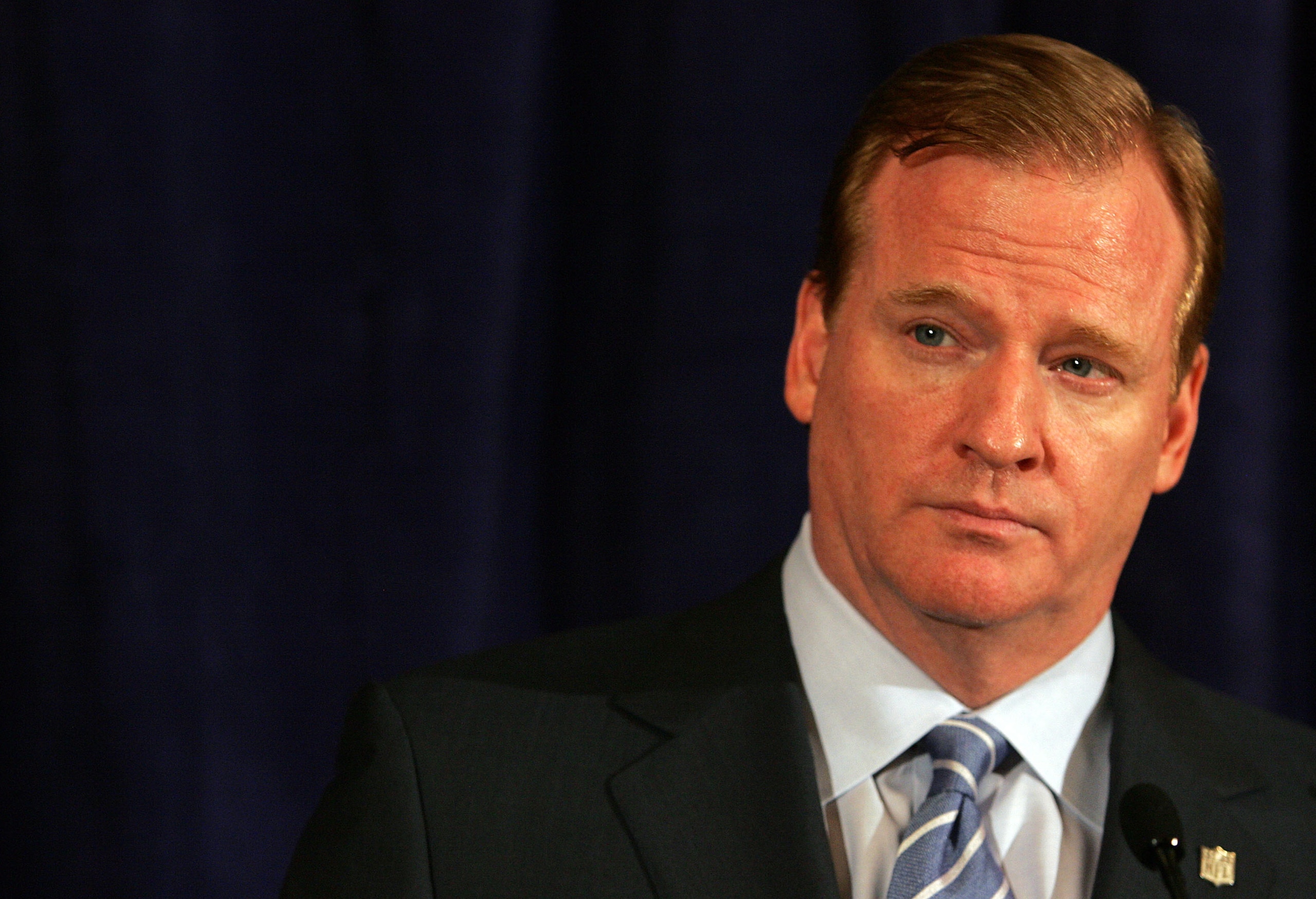 NEW YORK - JULY 27: NFL Commissioner Roger Goodell answers questions from the media after reinstating Michael Vick on a conditional basis on July 27, 2009 at the InterContinental Hotel in New York City. (Photo by Mike Stobe/Getty Images) NEW YORK - JULY 27: NFL Commissioner Roger Goodell answers questions from the media after reinstating Michael Vick on a conditional basis on July 27, 2009 at the InterContinental Hotel in New York City. (Photo by Mike Stobe/Getty Images)