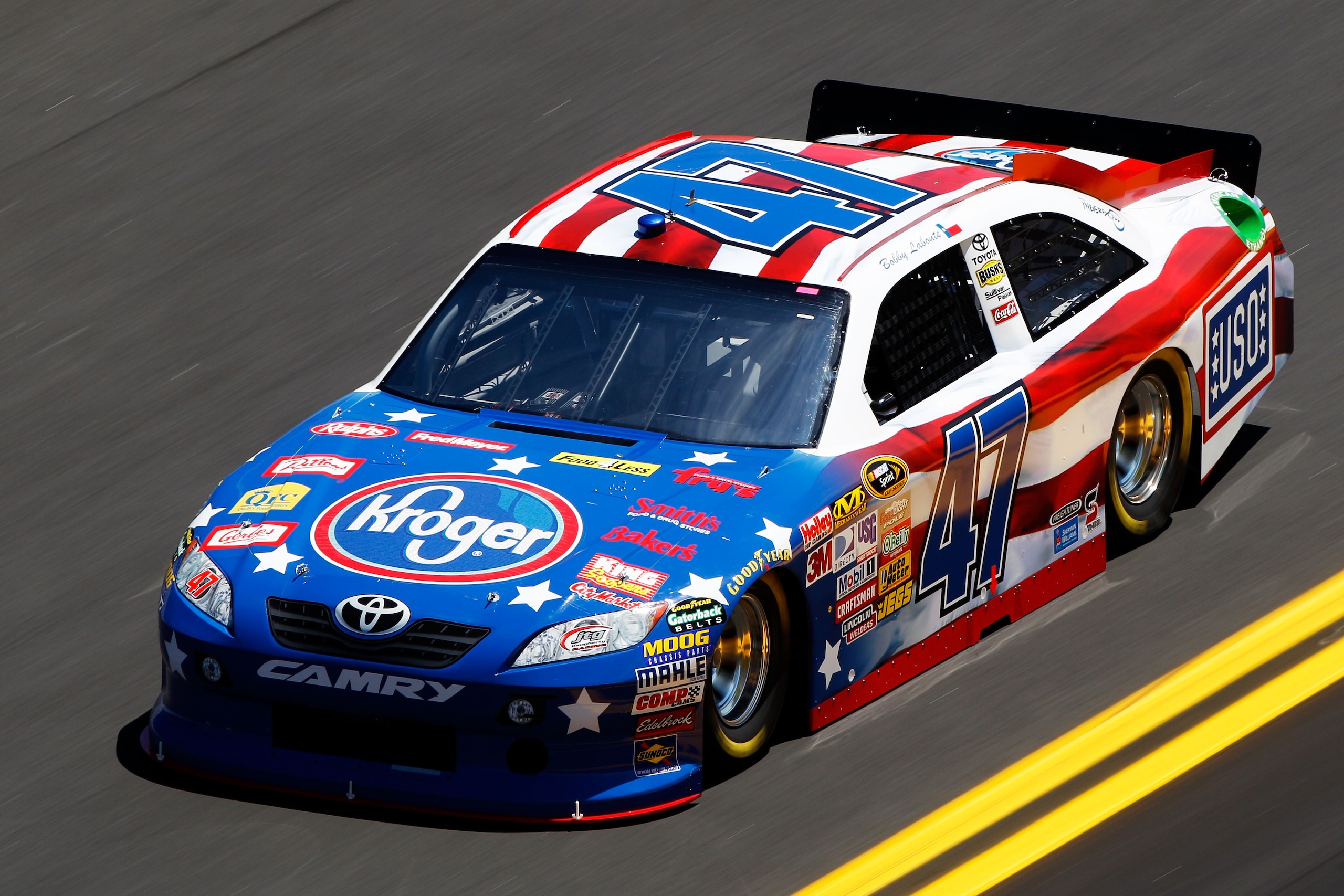 DAYTONA BEACH, FL - FEBRUARY 12: Bobby Labonte, driver of the #47 Kroger/USO Toyota, practices for the NASCAR Sprint Cup Series Daytona 500 at Daytona International Speedway on February 12, 2011 in Daytona Beach, Florida. (Photo by Chris Graythen/Getty DAYTONA BEACH, FL - FEBRUARY 12: Bobby Labonte, driver of the #47 Kroger/USO Toyota, practices for the NASCAR Sprint Cup Series Daytona 500 at Daytona International Speedway on February 12, 2011 in Daytona Beach, Florida. (Photo by Chris Graythen/Getty