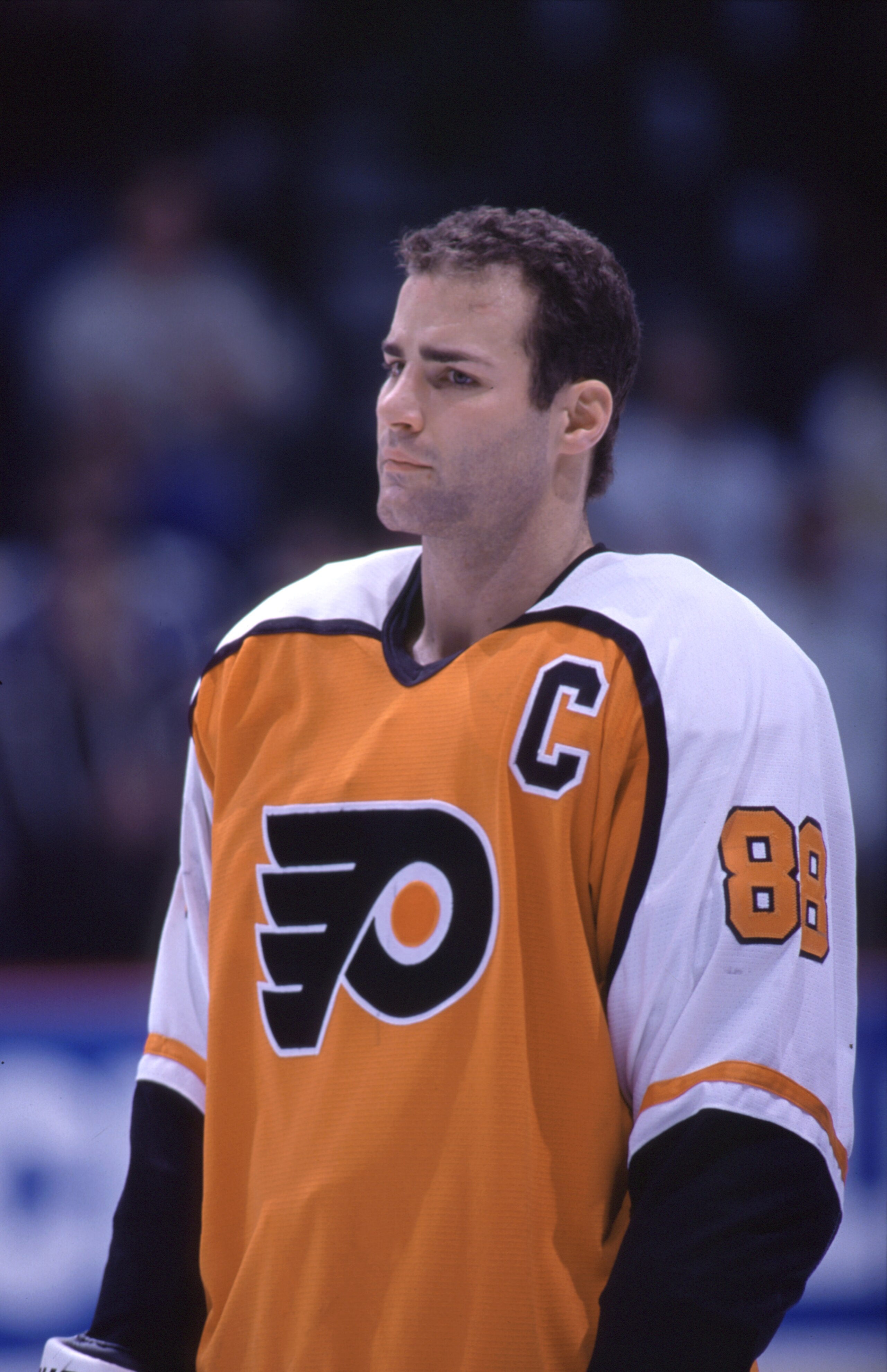 29 Dec 1998: Eric Lindros #88 of the Philadelphia Flyers looks on during a game against the Calgary Flames at Canadian Airlines Arena in Calgary, Alberta, Canada. The Flyers won the game 4-3 in overtime. Mandatory Credit: Ian Tomlinson/ALLSPORT 29 Dec 1998: Eric Lindros #88 of the Philadelphia Flyers looks on during a game against the Calgary Flames at Canadian Airlines Arena in Calgary, Alberta, Canada. The Flyers won the game 4-3 in overtime. Mandatory Credit: Ian Tomlinson/ALLSPORT