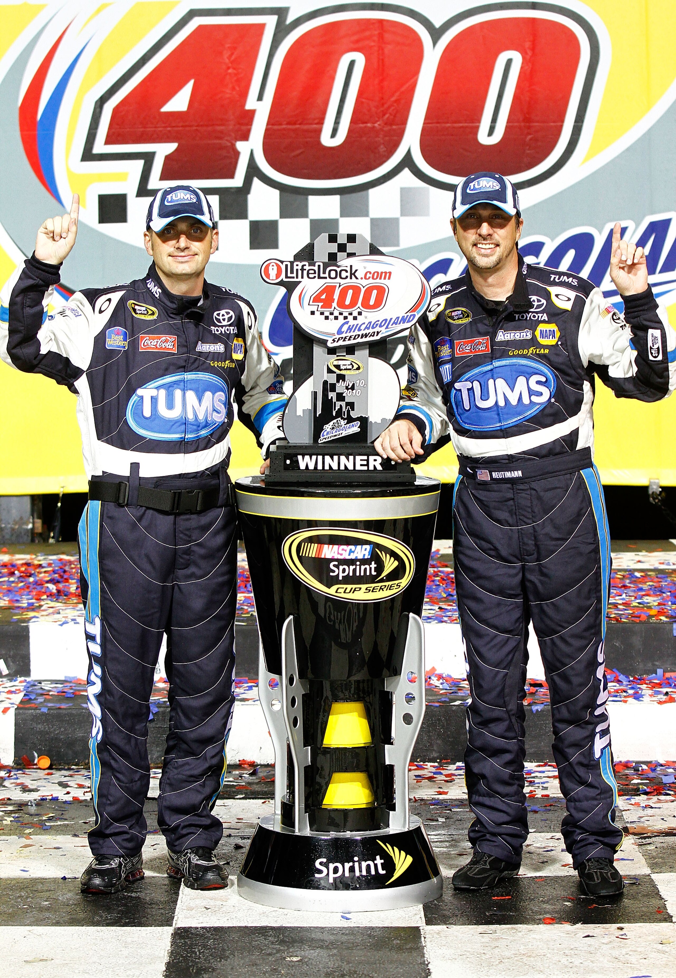 JOLIET, IL - JULY 10: David Reutimann, driver of the #00 TUMS Toyota, celebrates with his crew chief Rodney Childers (L) in victory lane after he won the NASCAR Sprint Cup Series LIFELOCK.COM 400 at the Chicagoland Speedway on July 10, 2010 in Joliet, Il JOLIET, IL - JULY 10: David Reutimann, driver of the #00 TUMS Toyota, celebrates with his crew chief Rodney Childers (L) in victory lane after he won the NASCAR Sprint Cup Series LIFELOCK.COM 400 at the Chicagoland Speedway on July 10, 2010 in Joliet, Il