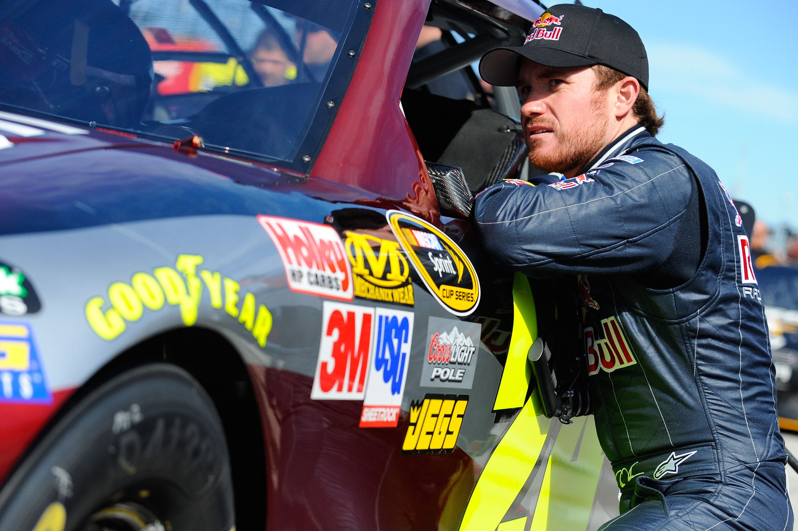 DAYTONA BEACH, FL - FEBRUARY 12: Brian Vickers, driver of the #83 Red Bull Toyota, talks with Jeff Gordon, driver of the #24 Drive to End Hunger Chevrolet, in the garage area during practice for the NASCAR Sprint Cup Series Daytona 500 at Daytona Interna DAYTONA BEACH, FL - FEBRUARY 12: Brian Vickers, driver of the #83 Red Bull Toyota, talks with Jeff Gordon, driver of the #24 Drive to End Hunger Chevrolet, in the garage area during practice for the NASCAR Sprint Cup Series Daytona 500 at Daytona Interna