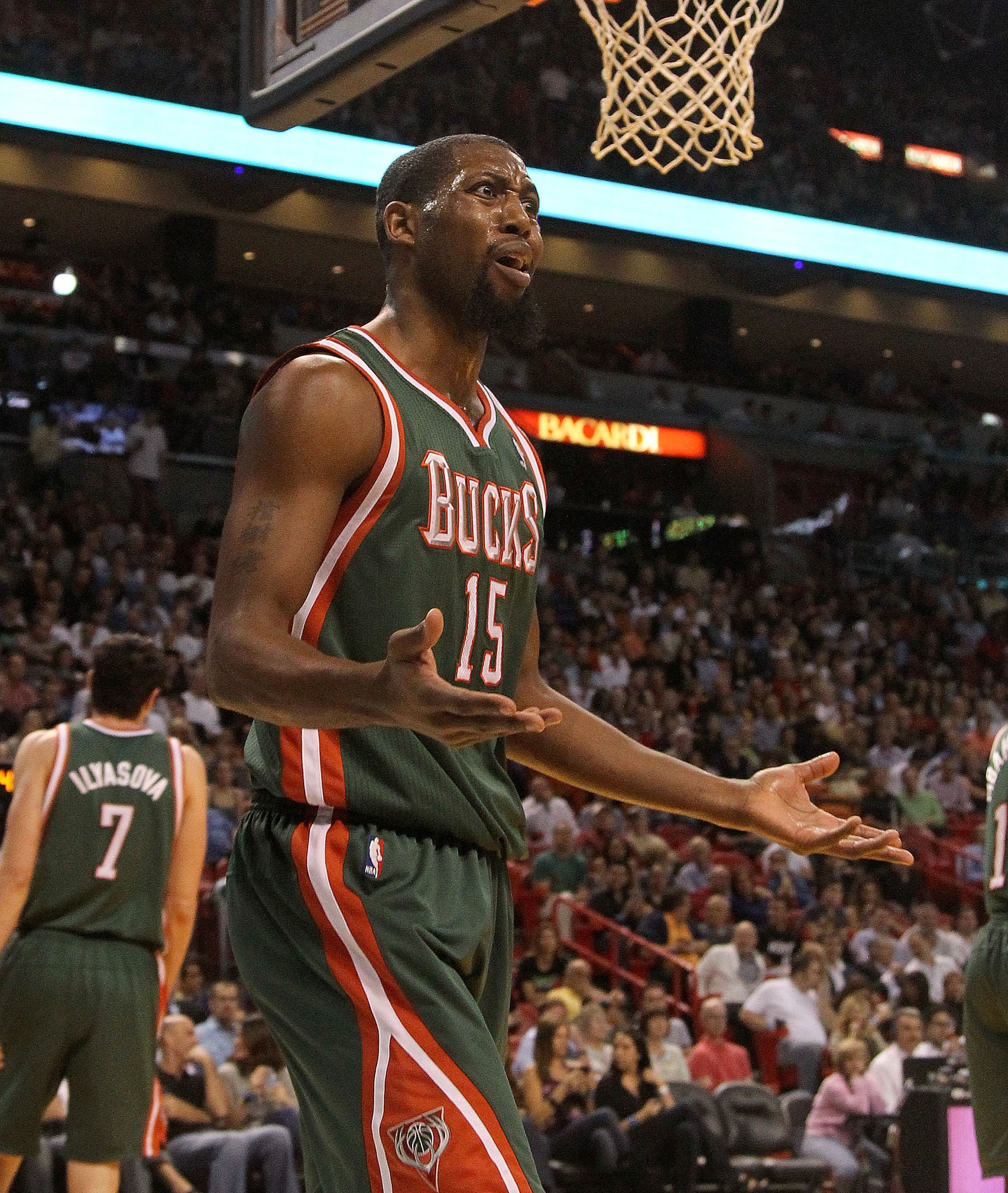 MIAMI, FL - JANUARY 04: John Salmons #15 of the Milwaukee Bucks argues with the officials during a game against the Miami Heat at American Airlines Arena on January 4, 2011 in Miami, Florida. NOTE TO USER: User expressly acknowledges and agrees that, by d