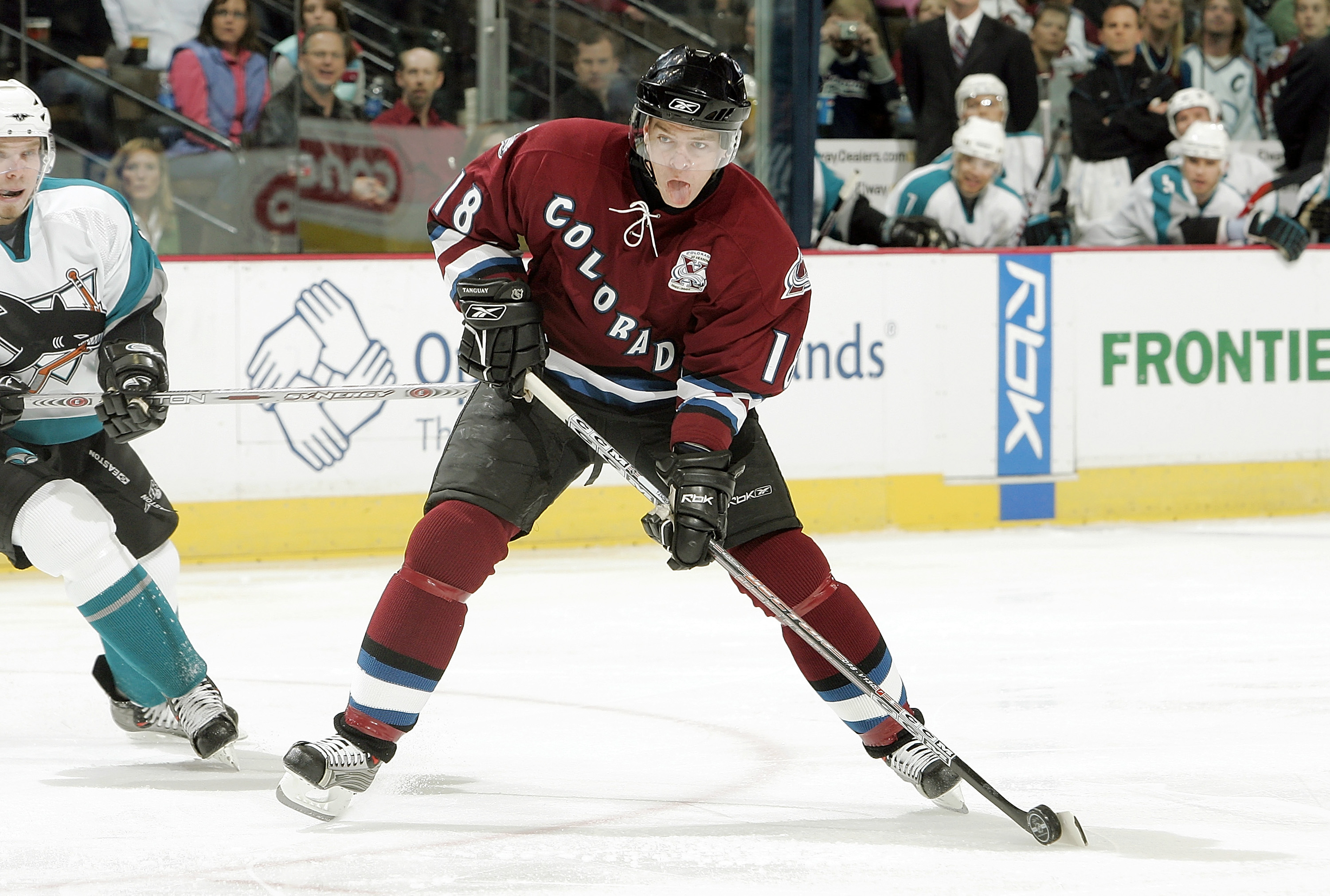 Colorado Avalanche Alex Tanguay, right, and Raymond Bourque