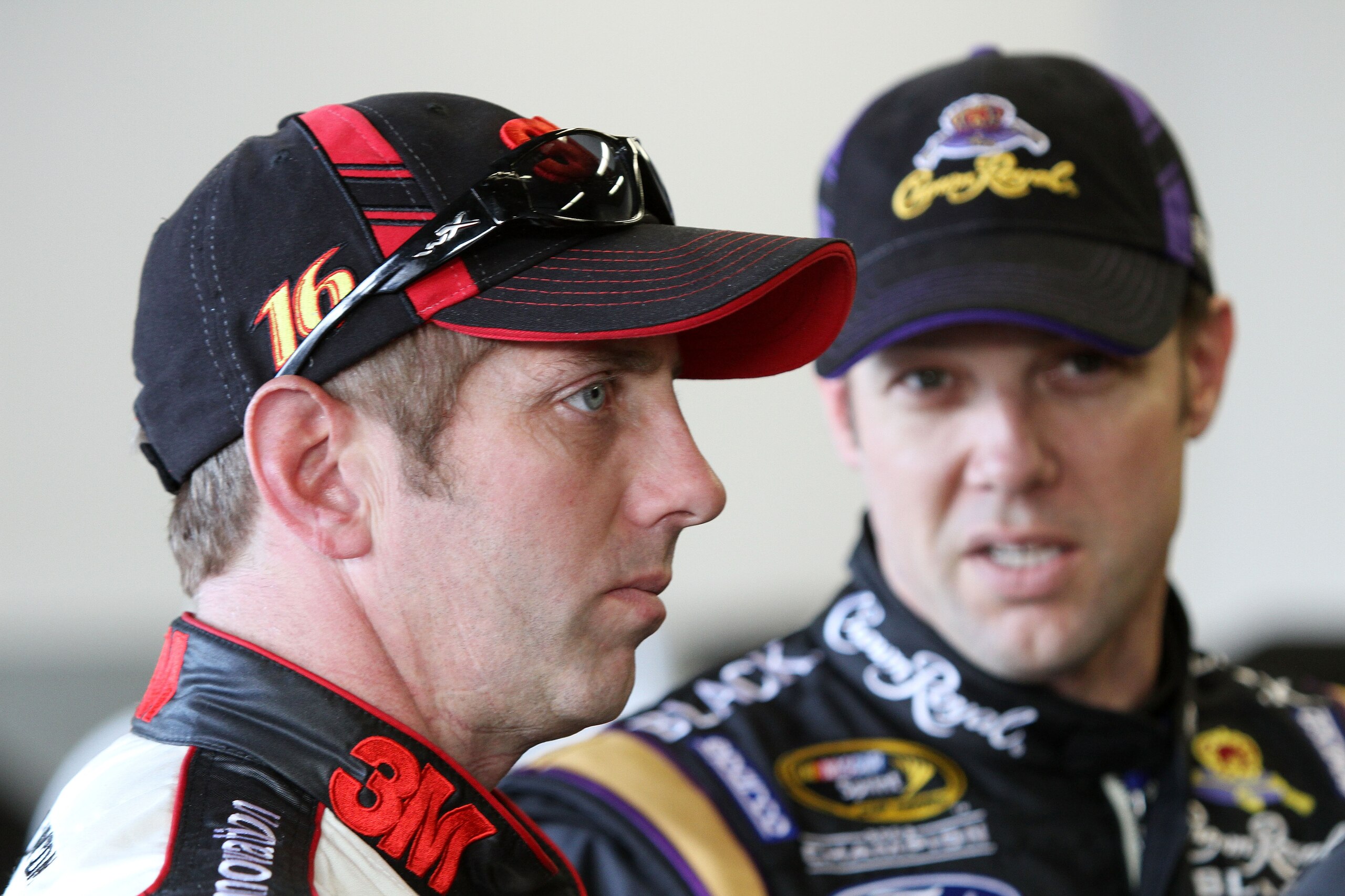 DAYTONA BEACH, FL - FEBRUARY 11: Matt Kenseth, driver of the #17 Crown Royal Ford, and Greg Biffle, driver of the #16 3M Ford, speak in the garage area during practice for the NASCAR Budweiser Shootout at Daytona International Speedway on February 11, 20 DAYTONA BEACH, FL - FEBRUARY 11: Matt Kenseth, driver of the #17 Crown Royal Ford, and Greg Biffle, driver of the #16 3M Ford, speak in the garage area during practice for the NASCAR Budweiser Shootout at Daytona International Speedway on February 11, 20