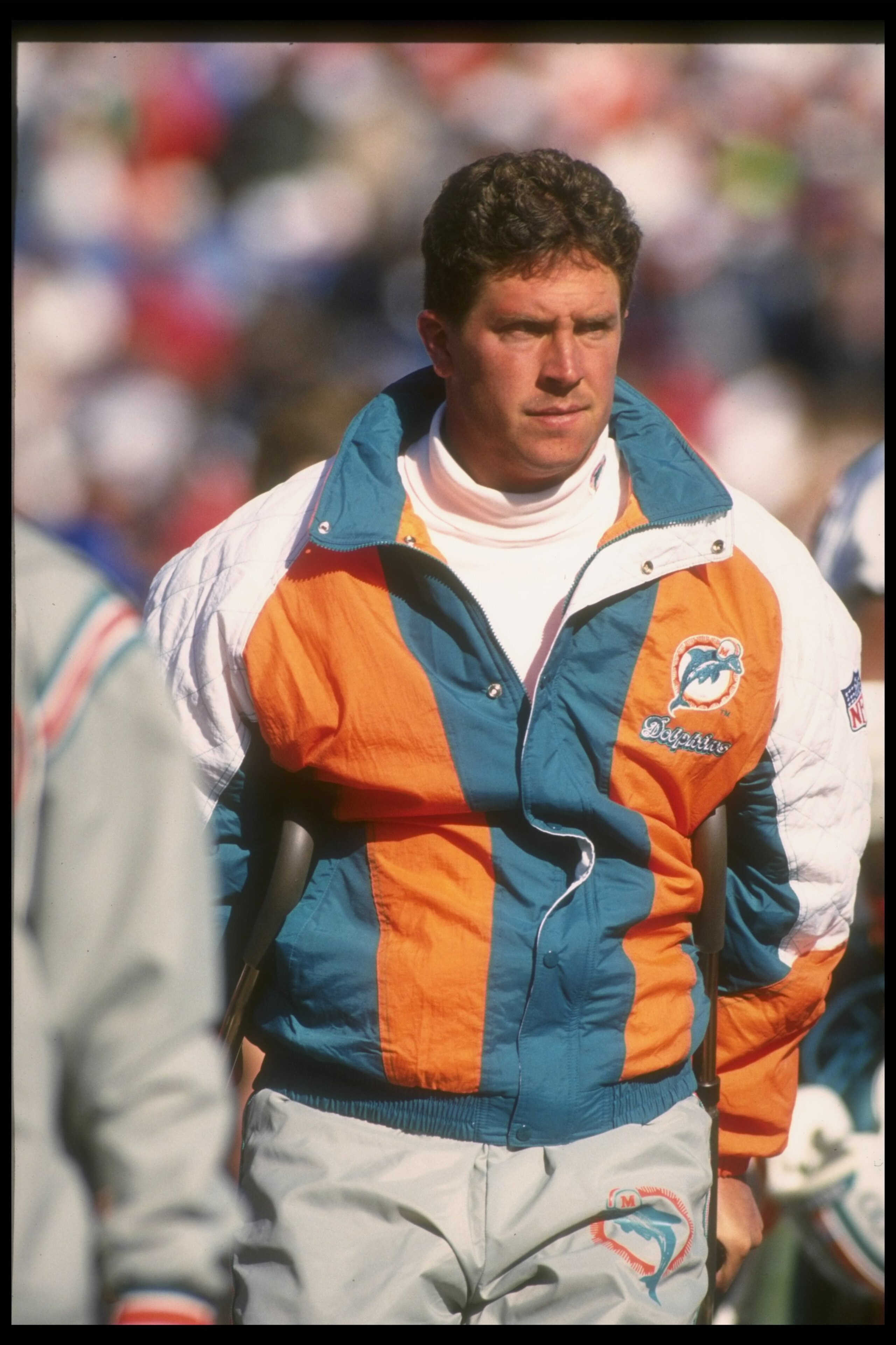 10 Oct 1993:  Quarterback Dan Marino of the Miami Dolphins looks on during a game against the Cleveland Browns at Cleveland Stadium in Cleveland, Ohio.  The Dolphins won the game, 24-14. Mandatory Credit: Jonathan Daniel  /Allsport