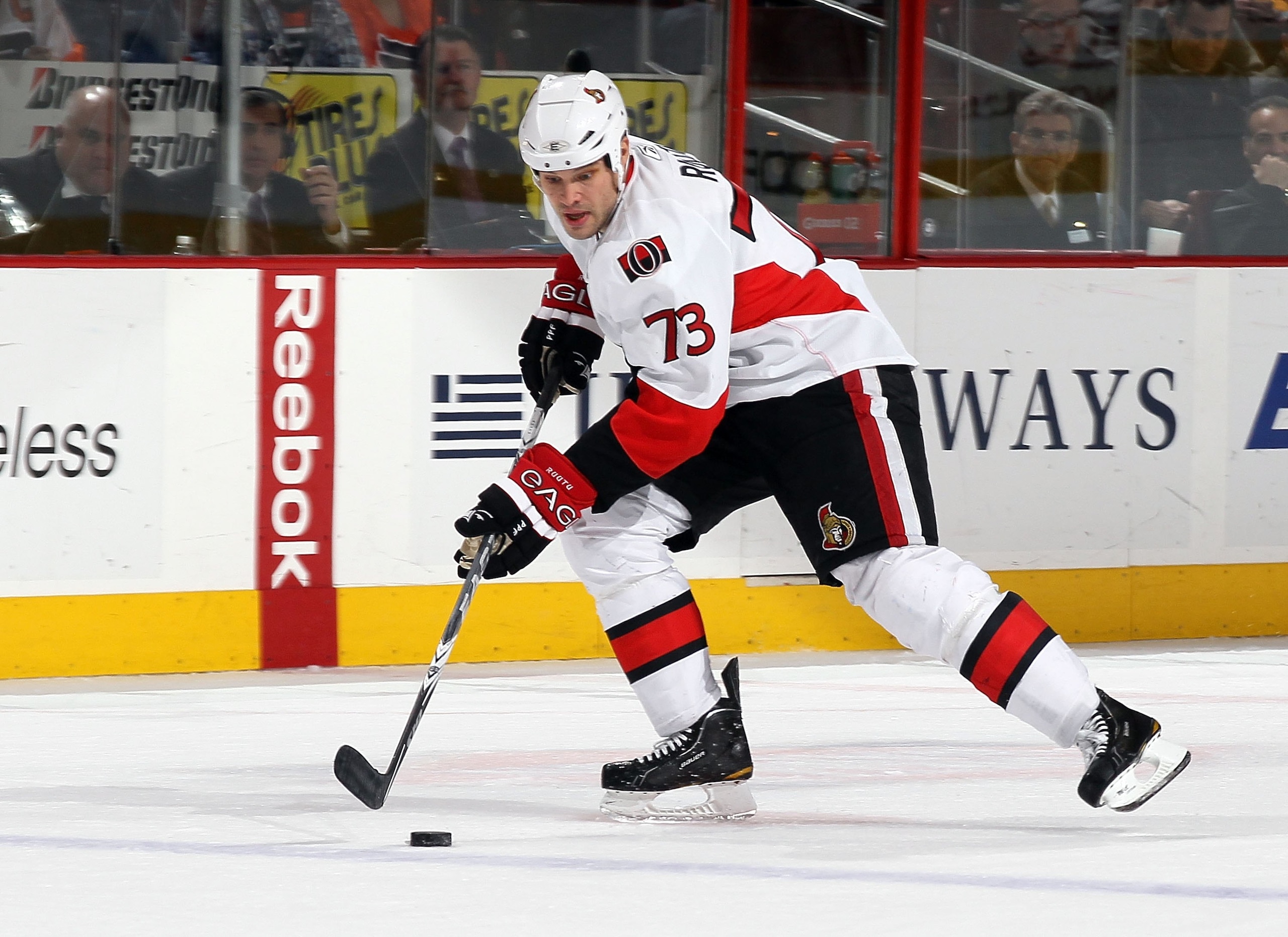 PHILADELPHIA, PA - JANUARY 20:  Jarkko Ruutu #73 of the Ottawa Senators skates against the Philadelphia Flyers on January 20, 2011 at Wells Fargo Center in Philadelphia, Pennsylvania.  (Photo by Jim McIsaac/Getty Images)