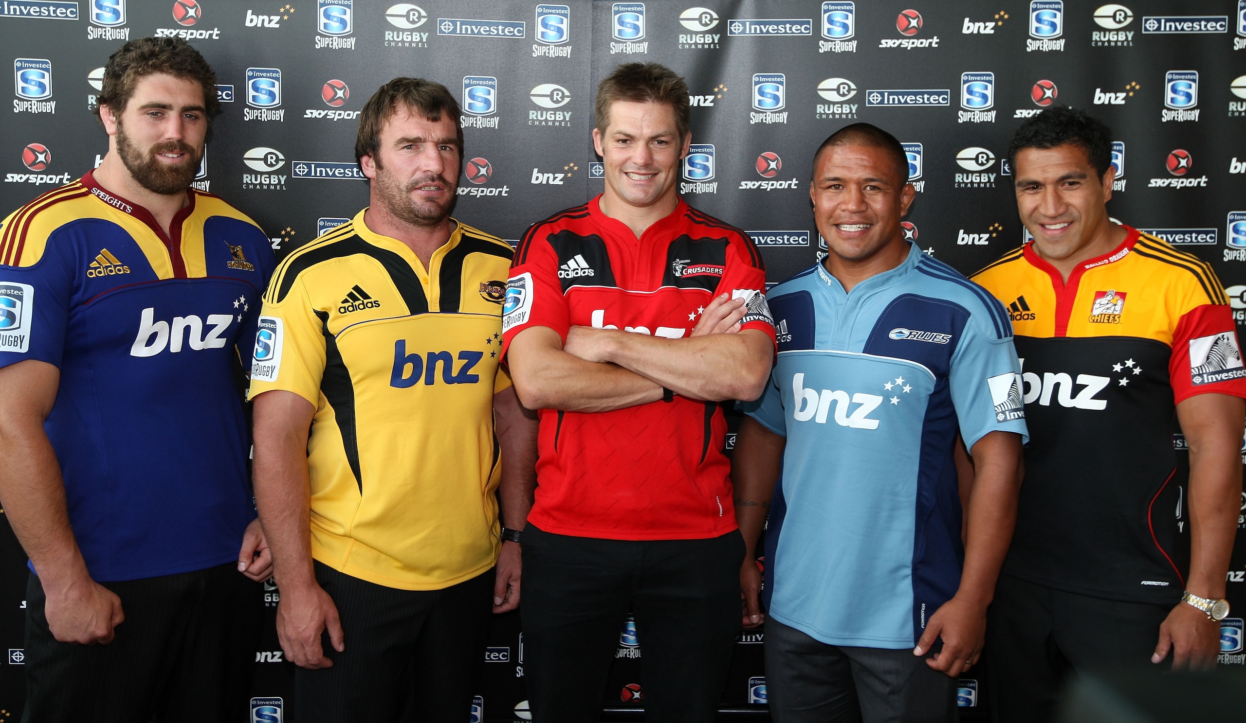 AUCKLAND, NEW ZEALAND - FEBRUARY 08: New Zealand Super Rugby Captains (L-R) Jamie McIntosh of the Highlanders, Andrew Hore of the Hurricanes, Richie McCaw of the Crusaders, Keven Mealamu of the Blues and Mils Muliaina of the Chiefs pose during the 2011 Su